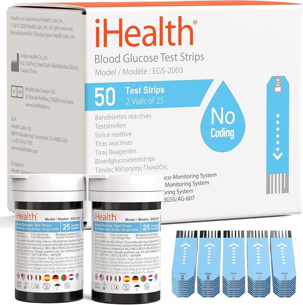 Blood Glucose Test Strips, 50 Count, No Coding, for iHealth Meters | Compatible with iHealth Meters Only, 0.7 µL Sample, 5-Second Results, Two-Vial Freshness, Blood Sugar Test Strips