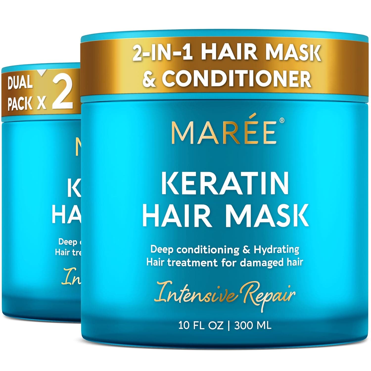 MAREE Mascarilla capilar acondicionadora profunda para tratamiento de cabello dañado, paquete de 2 – Cuidado del cabello con queratina para hidratación, reparación del crecimiento, hidratación – Color seco y rizado refrescante – 10 onzas líquidas, blanco