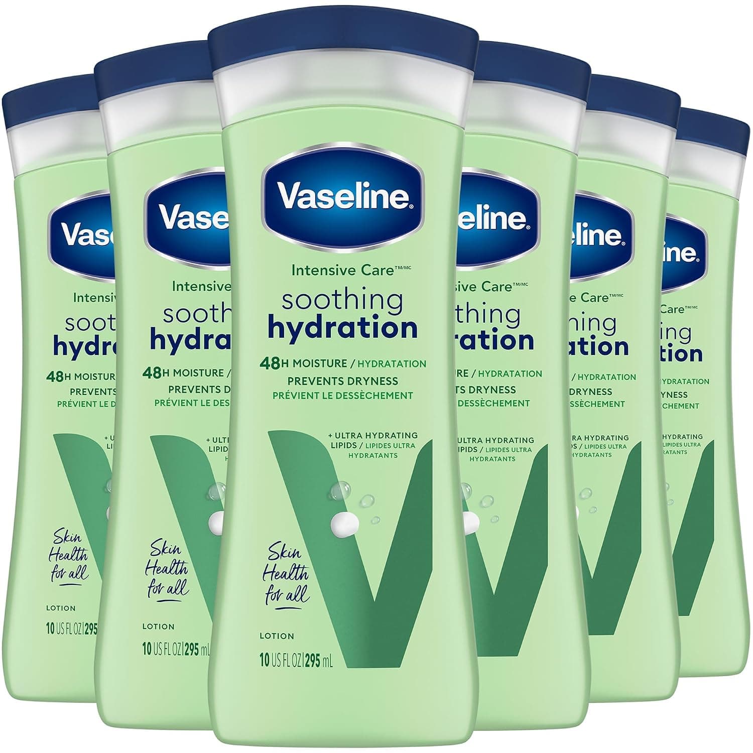Vaselina Hidratación Calmante Paquete de 6 – Loción hidratante para manos y cuerpo de cuidado intensivo con aloe, lípidos ultrahidratantes, 48 ​​horas de humedad, 10 oz cada una