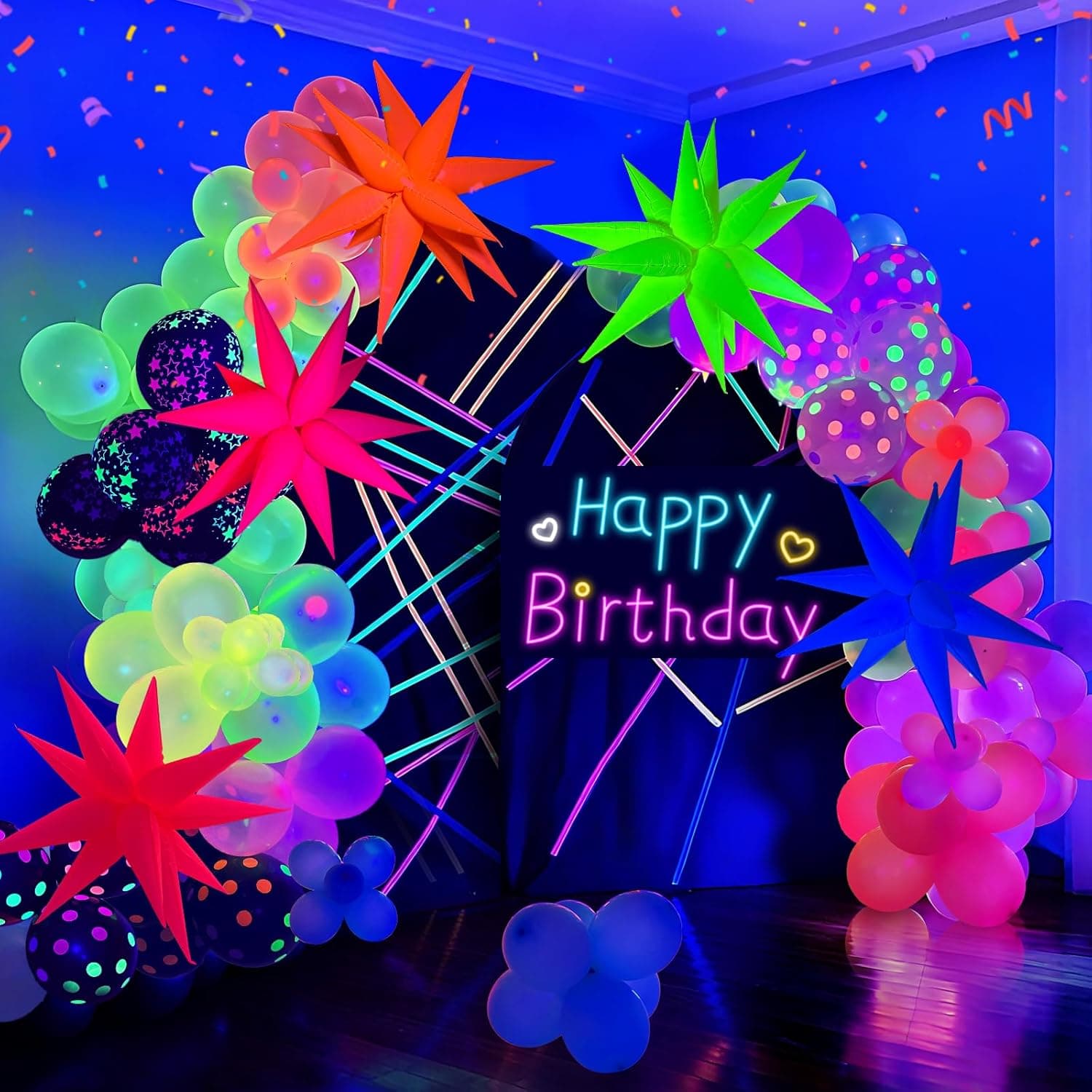GYIPFIPA Globos de Neón UV, Suministros para Fiestas que Brillan en la Oscuridad Kit de Globos de Estrellas de Explosión de Lámina de Neón Globos de Cono que Brillan en la Oscuridad Decoraciones de Cumpleaños para Decoración de Fiesta con Luz Negra