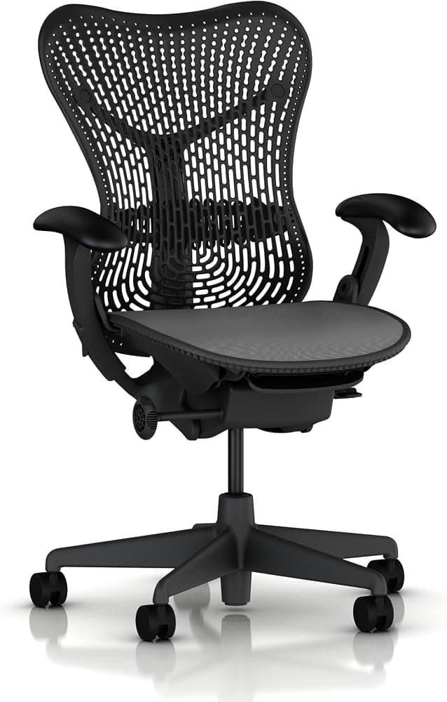 Silla Mirra de Herman Miller: totalmente equipada con inclinación hacia adelante - Brazos ajustables - Asiento FlexFront - Limitador de inclinación - Soporte lumbar - Ruedas de piso duro - Marco de grafito/Asiento de grafito