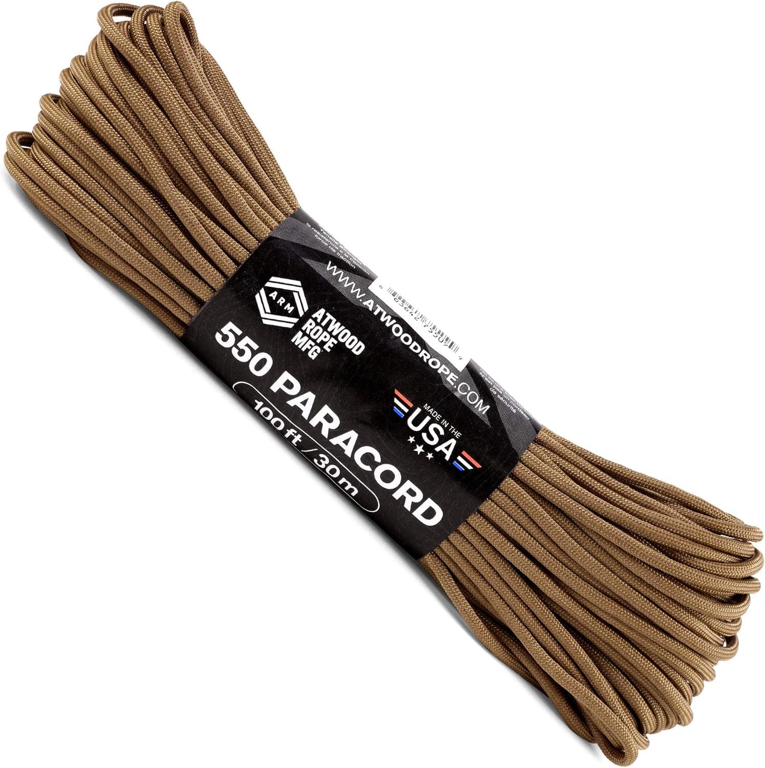 Atwood Rope MFG 550 Paracord 100 pies Cordón de paracaídas de nailon con núcleo de 7 hilos Equipo de supervivencia exterior Hecho en EE. UU. | Cordones, pulseras, fundas para asas, llavero (Coyote)