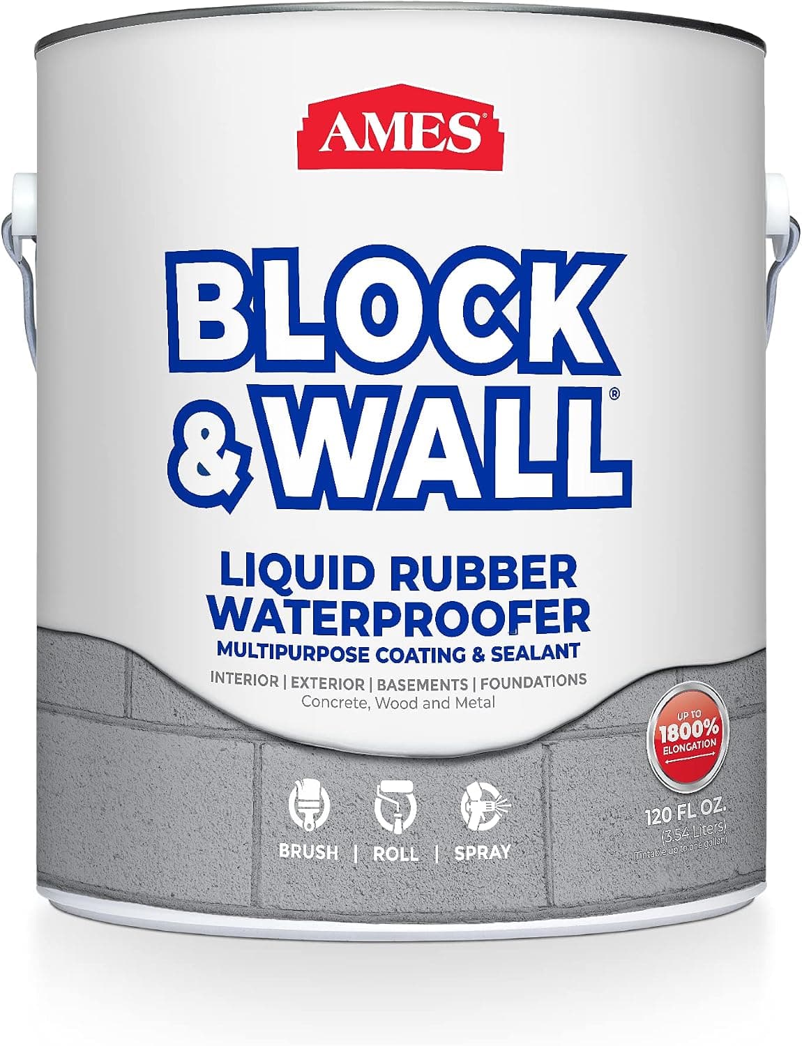 Ames Block & Wall™ Revestimiento y sellador multiusos impermeabilizante de caucho líquido - 1 galón - Perfecto para usar como sellador de concreto e impermeabilizante para sótanos y cimientos - Hecho en los EE. UU., blanco | Membrana impermeable flexible para cimientos, sótanos, muros de contención y hormigón.