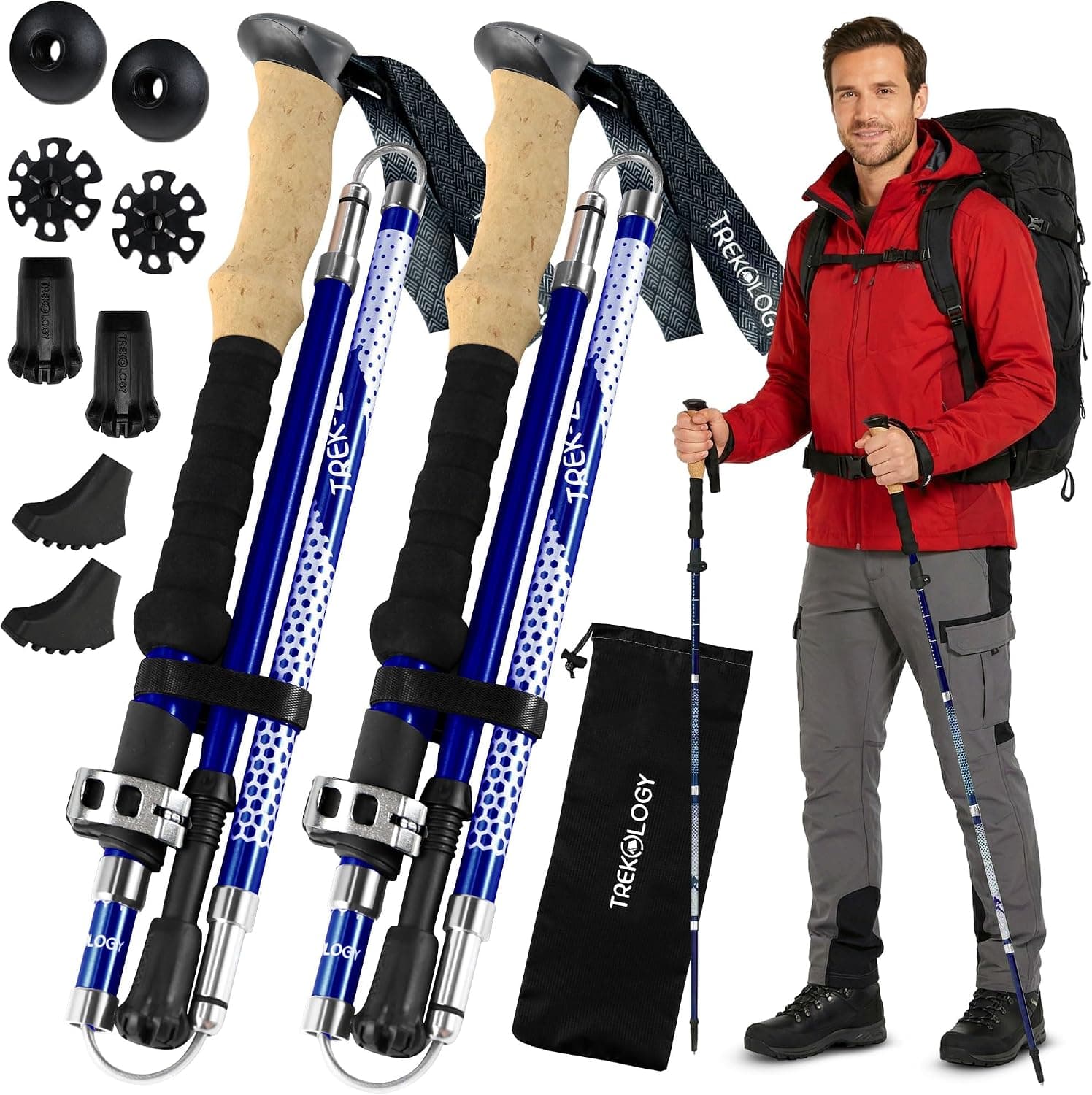 Trekology Trek-Z Bastones de senderismo, bastón para hombres y mujeres, 2 piezas | Bastón de aluminio ligero plegable, plegable y ajustable para personas mayores; plegable, retráctil para viajes, senderos, equilibrio