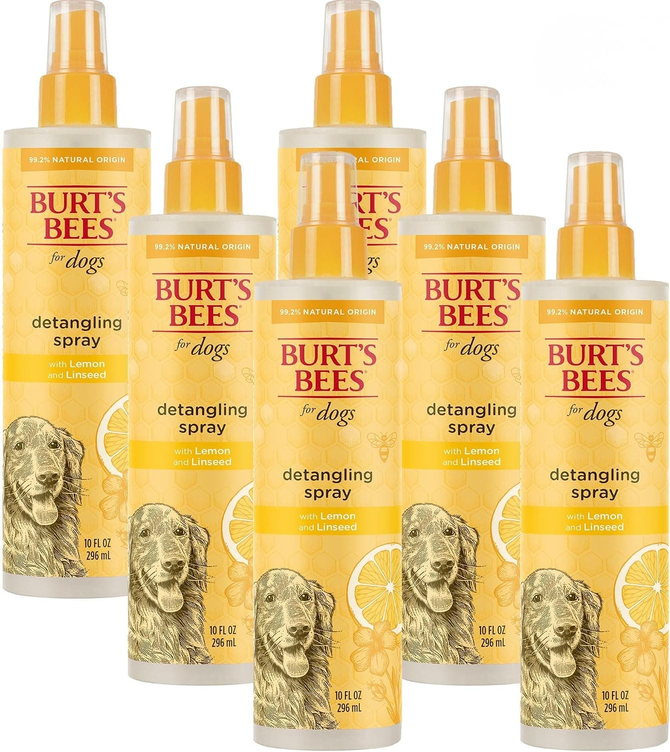 Burts Bees for Pets Detangling Spray, with Lemon & Linseed, 10 Fl Oz, 6-Pk | Natural leave-in coat detangler and deodorizing spray, pH-balanced, paraben and sulfate free