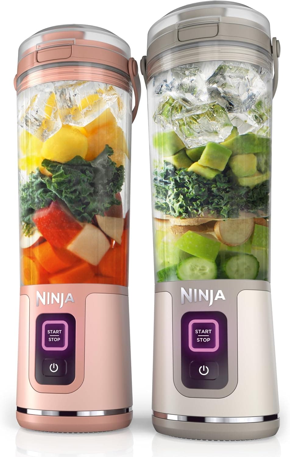 Licuadora portátil Ninja Blast de dos paquetes, 18 oz, melocotón y piedra, BC155PS | Dos licuadoras portátiles Ninja Blast inalámbricas. Recargable por USB-C, BlastBlade pica hielo. A prueba de fugas, apto para lavavajillas.