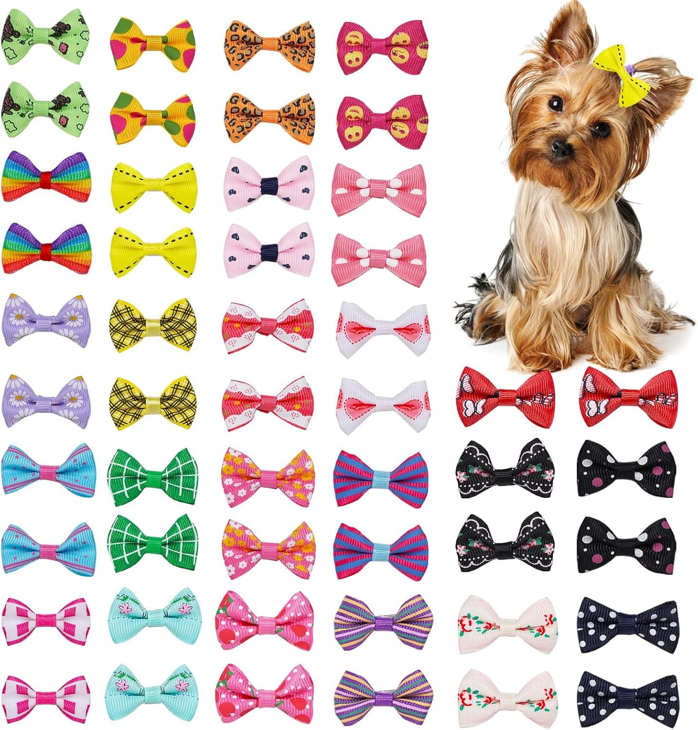 Chenkou Craft 50 piezas/25 pares de lazos para el pelo de perro Yorkie con clips, productos para el cuidado de mascotas, colores variados, patrones variados, lazos para el pelo para mascotas, accesorios para perros