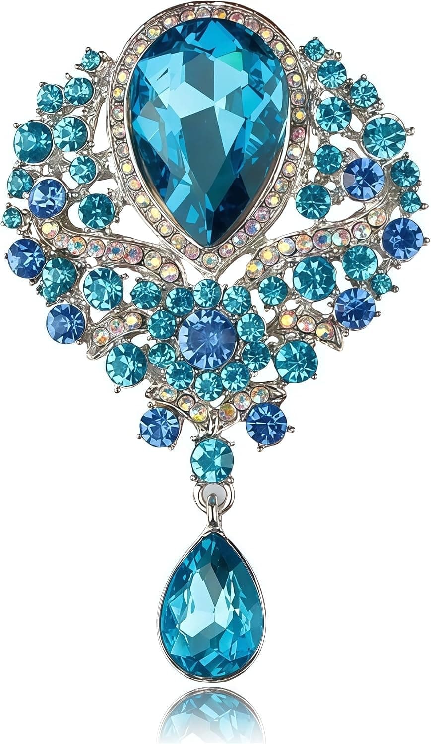 Broche grande con ramo de cristal azul claro para mujer, regalo nupcial | Broche de ramo grande de cristal de 9 cm con forma de lágrima, alfiler llamativo en tono plateado para vestido de ramo de novia, regalo del Día de San Valentín