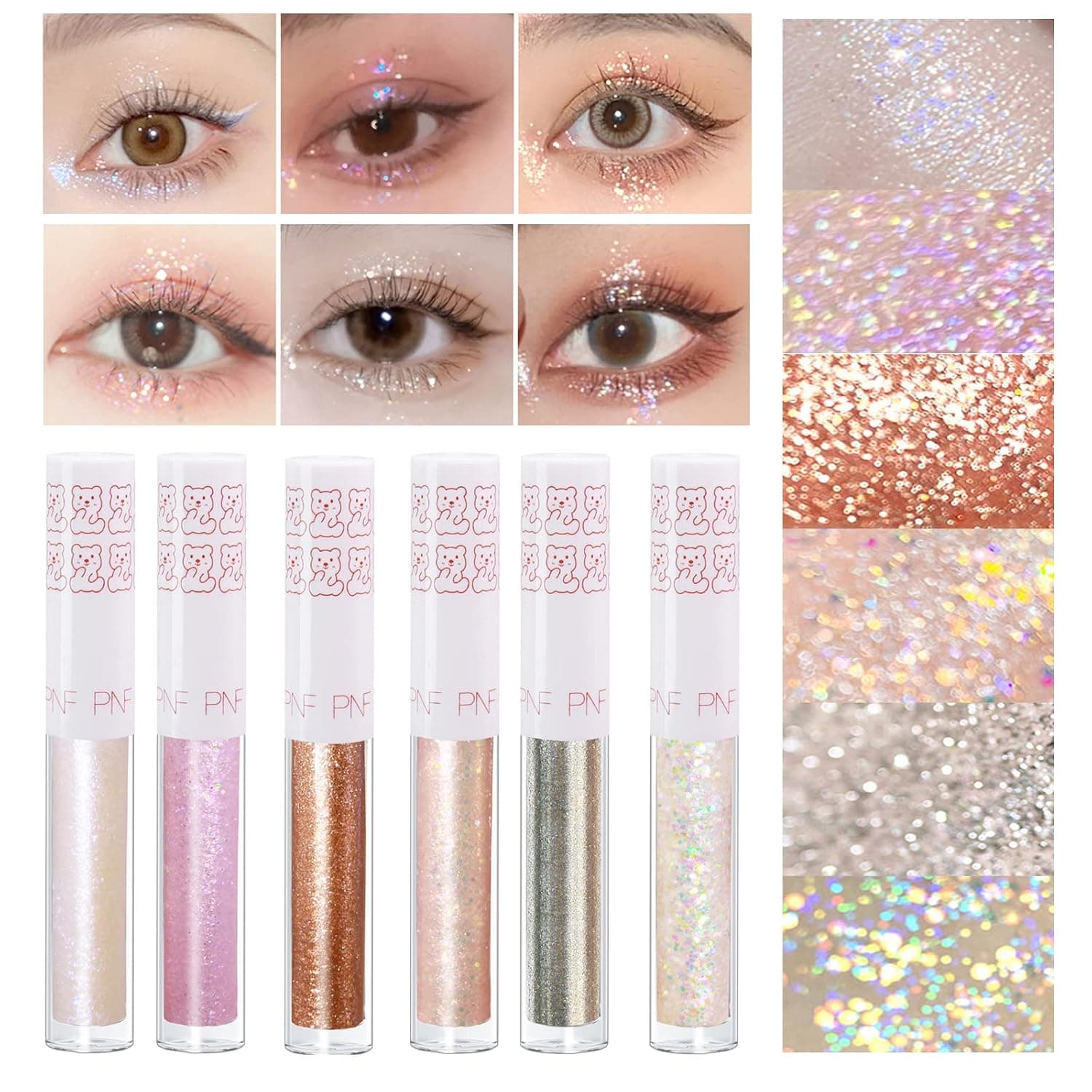 Delineador de ojos con purpurina líquida, 6 unidades, maquillaje coreano, sombra debajo de los ojos, maquillaje de ojos brillante, juego de regalo de San Valentín, larga duración, secado rápido y pegamento pigmentado con purpurina suelta para maquillaje de cristales