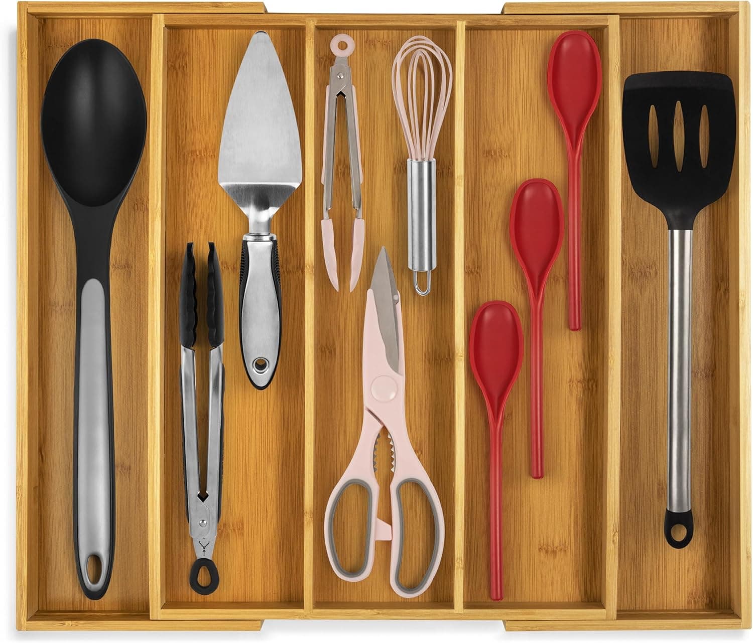 Purawood Organizador de cajones de cocina – Organizador de cajones de utensilios expandible para cocina, bandeja de cubiertos y organizador de cubiertos, 3-5 ranuras – Organizador de bambú para utensilios y cubiertos (natural)