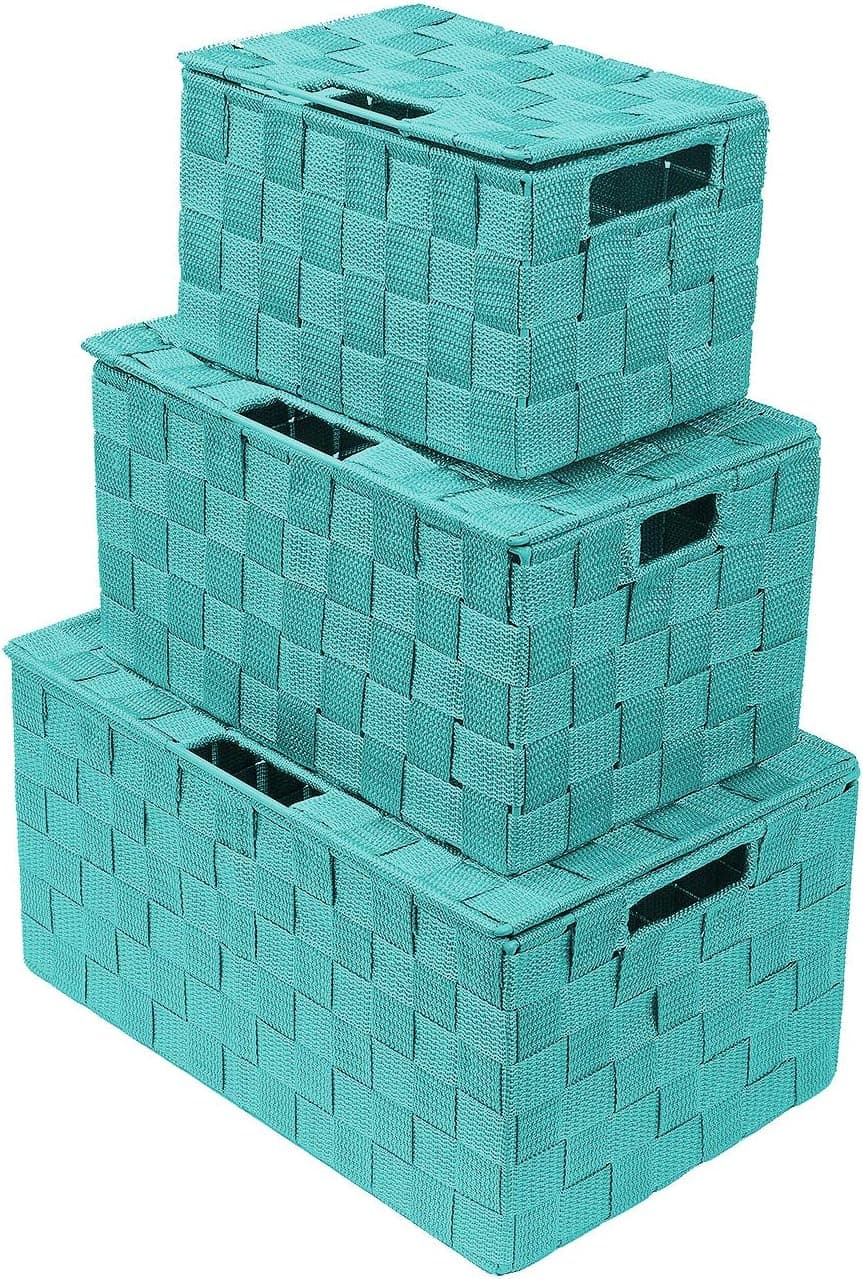 Sorbus Juego de 3 cestas de almacenamiento tejidas a mano con tapas – Organizadores decorativos de mimbre para el hogar, armario o estantes (Aqua)