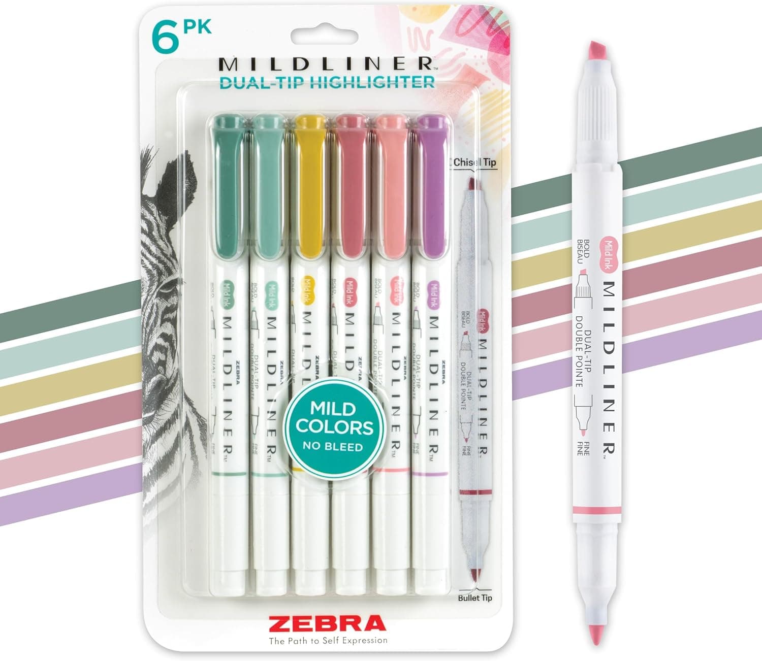 Zebra Pen MILDLINER Resaltador sin sangrado, surtido suave, punta doble, paquete de 6 | Juego de marcadores con punta ancha y fina, ideal para resaltar la Biblia, escribir un diario, material escolar, para profesores y de oficina (78906)