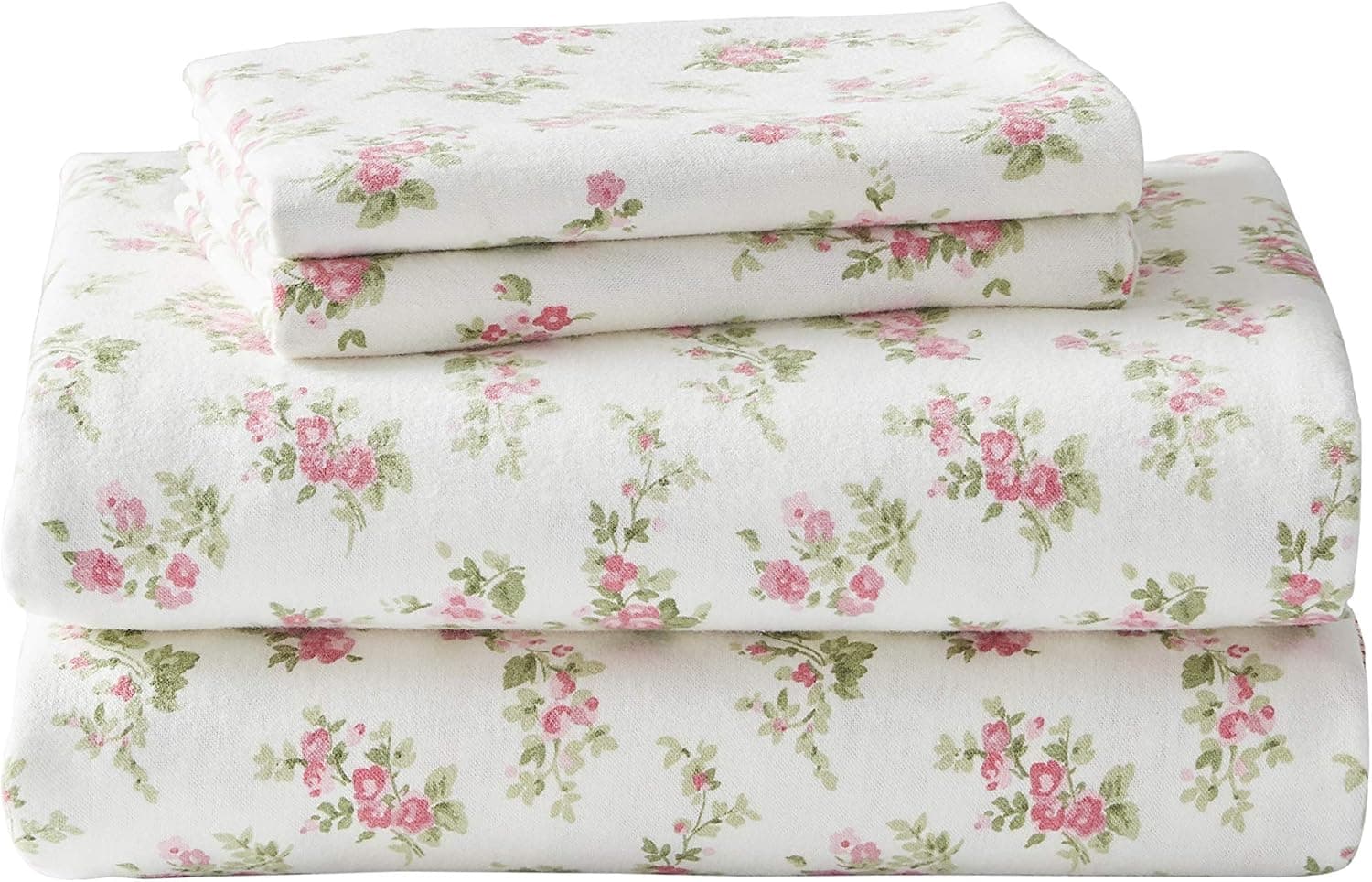 Laura Ashley - Juego de sábanas de franela queen, ropa de cama de algodón cepillado ultrasuave con fundas de almohada a juego, sábana ajustable totalmente elástica, bolsillo profundo, decoración floral de la habitación, comodidad acogedora para todas las estaciones (Audrey Pink)