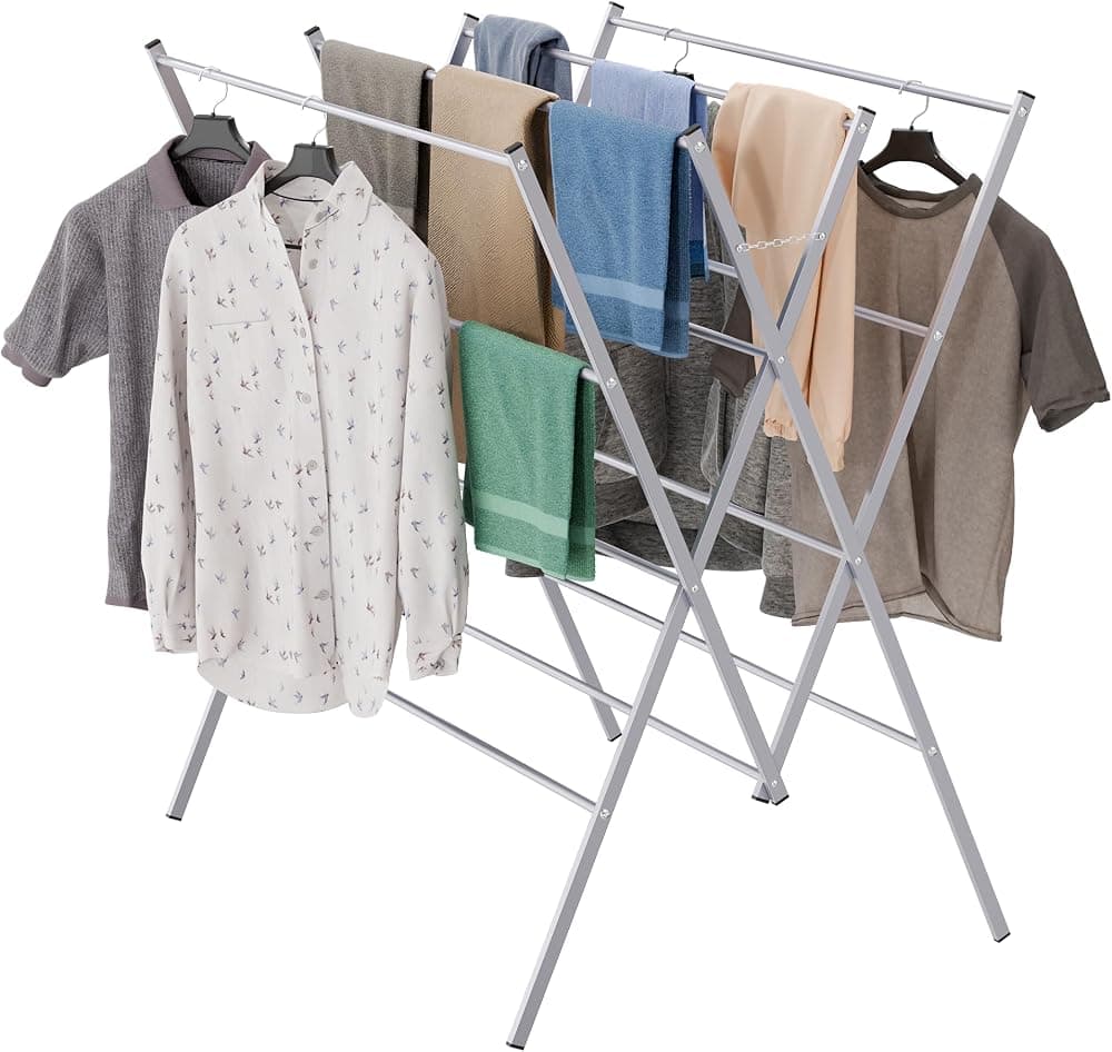 Tendedero de ropa, tendedero plegable para lavandería, 12 barras de metal para colgar ropa, uso interior y exterior, 36.2" D x 30.3" W x 40.5" H, plateado