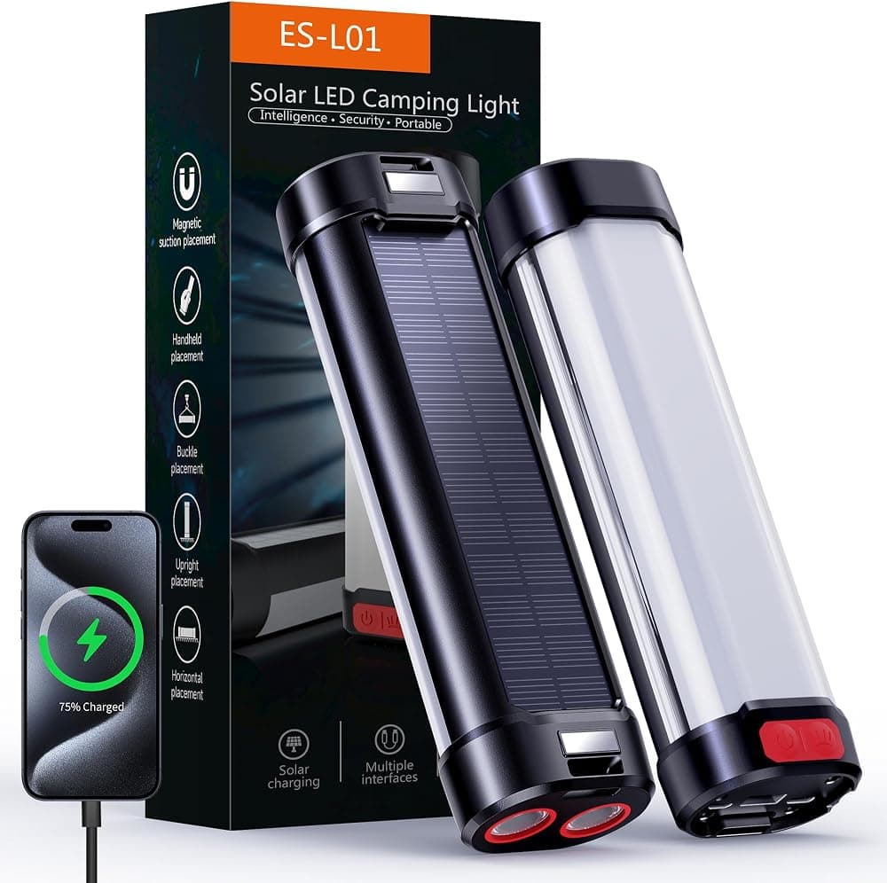 Linterna solar para camping de 1800 lúmenes y luz magnética para tienda de campaña con 6000 mAh, tiempo de funcionamiento de 60 horas, linterna de 13 modos, equipo de supervivencia de emergencia impermeable para cortes de energía, huracanes, reparación de automóviles (negro)
