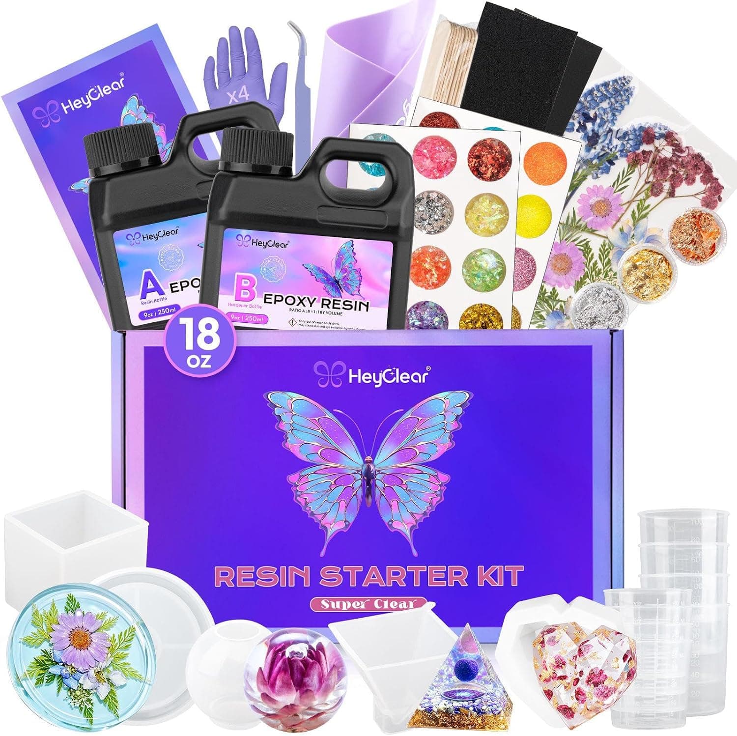 HeyClear Kit de moldes de resina epoxi de 18 oz, juego completo para manualidades principiantes