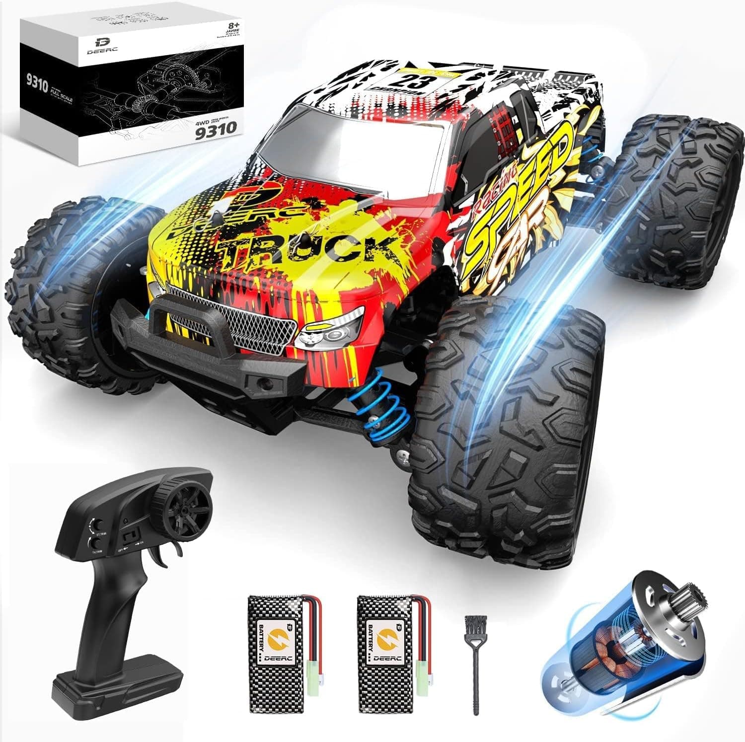 DEERC RC Cars Coche de control remoto de alta velocidad para adultos niños 30+MPH, escala 1:16 4WD Off Road RC Monster Truck, rápido 2,4 GHz todos los terrenos camiones de juguete regalos para niños, 2 baterías para 40 minutos de juego