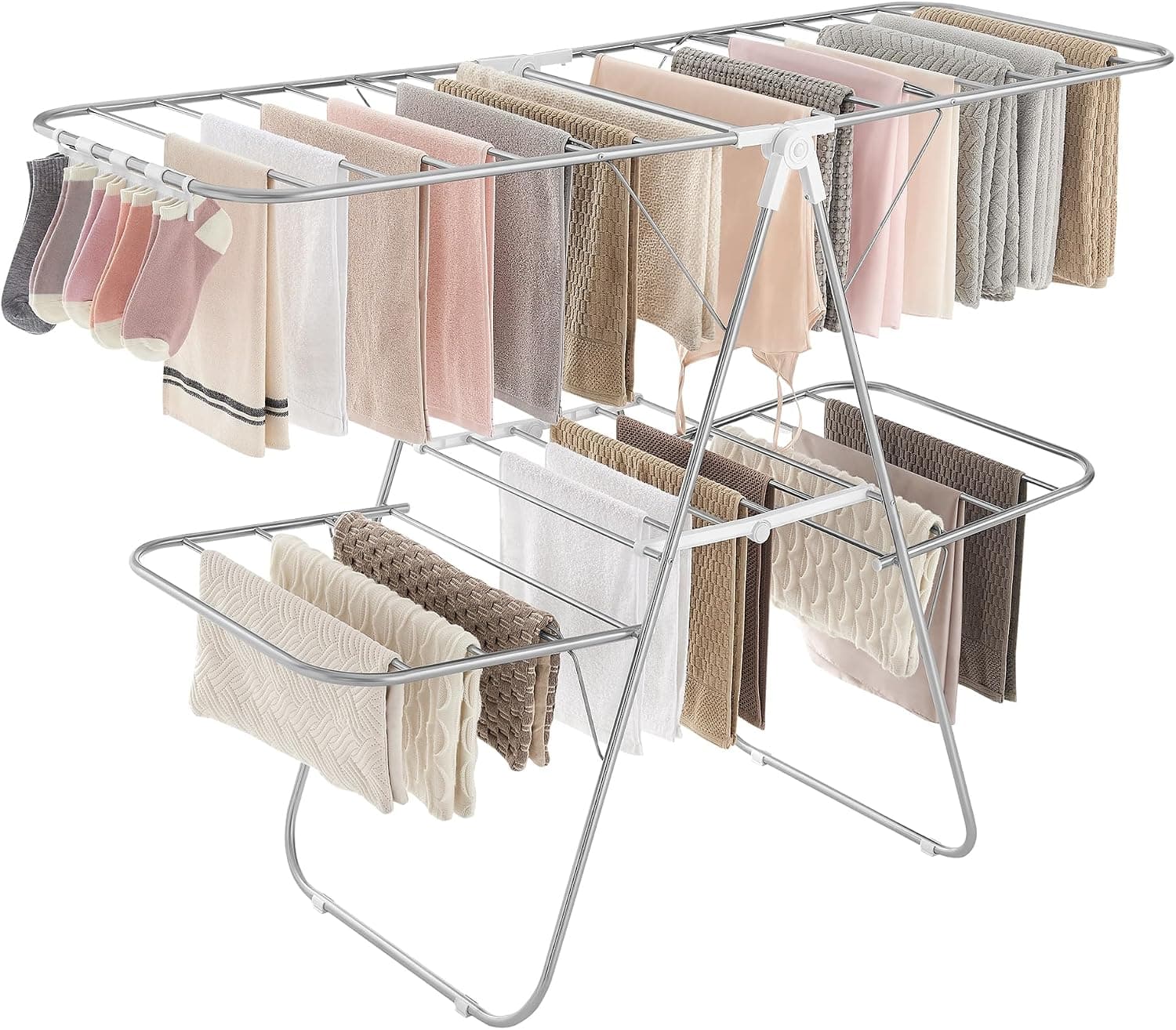 SONGMICS Tendedero de Ropa, Tendedero Plegable de 2 Niveles, Tendedero Independiente, con Alas Regulables en Altura, 33 Rieles de Secado, Pinzas para Calcetines, Plata y Blanco ULLR053W01V1