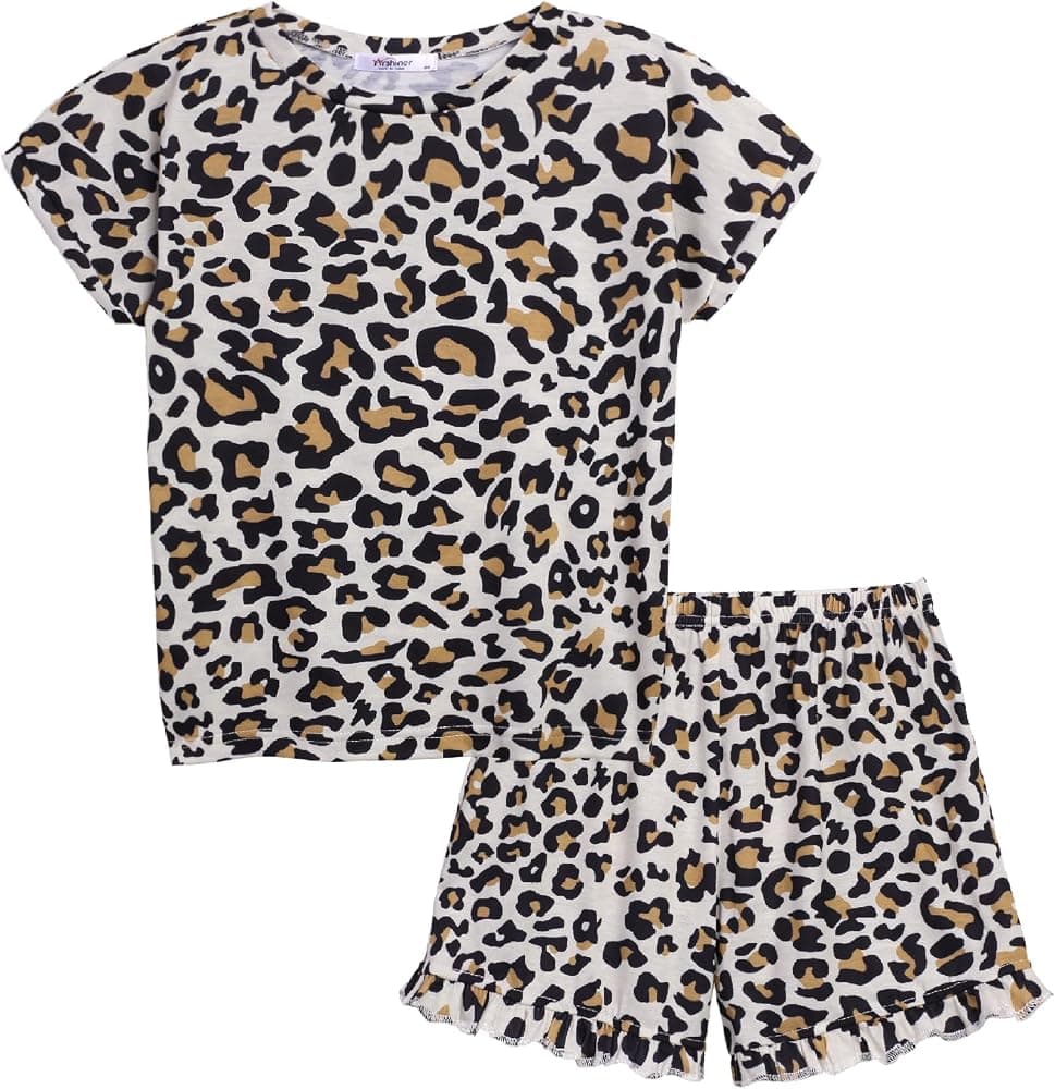 Pijamas para niñas Conjunto de pijamas de verano Ropa de dormir con estampado Tie Dye para niños | Dobladillos con volantes y cintura elástica, hombros caídos, diseño suelto, tela elástica suave, fresco para el verano, perfecto para fiesta de pijamas