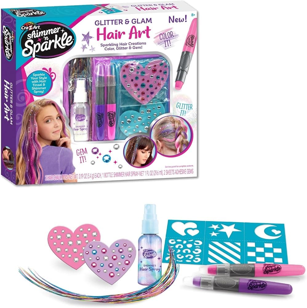 Cra-Z-Art Shimmer 'n Sparkle Kit de arte para el cabello con purpurina y glamour | Rotuladores de tiza para el cabello, laca brillante para el cabello, gemas adhesivas, oropel para el cabello