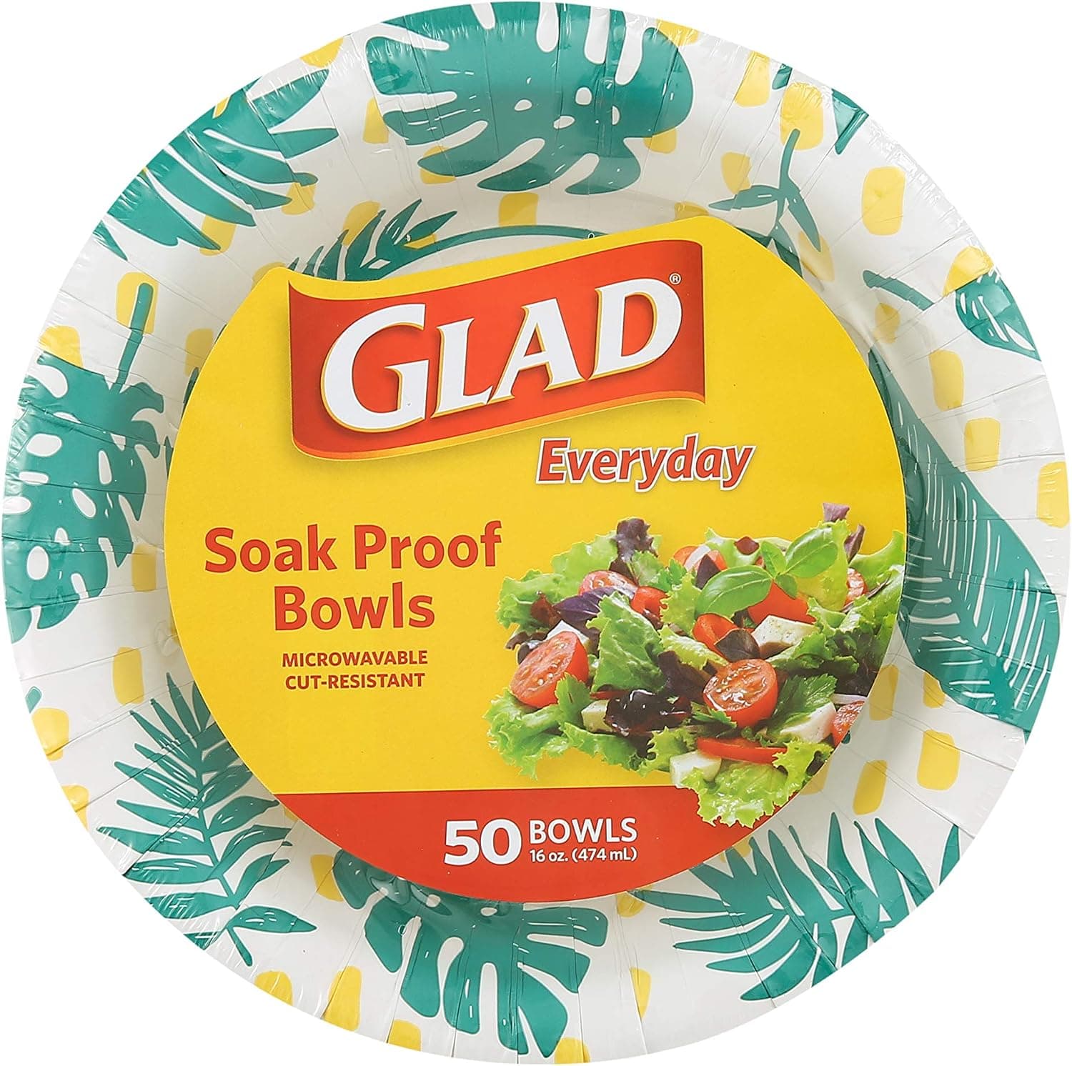 Glad Round Disposable Paper Bowls, Palm Leaves Pattern, 16 Oz, 50 Count | Coated paper, soak-proof and cut-resistant, microwave safe, soup salad and snacks