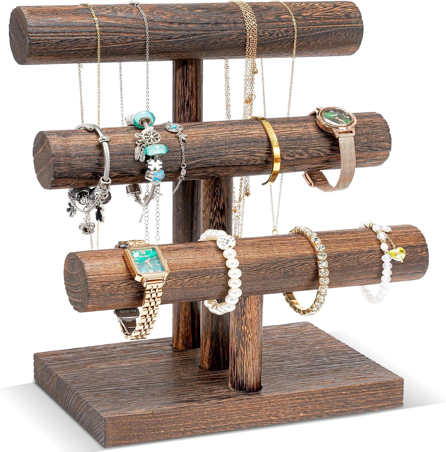 ProCase Soporte para Pulseras Organizador de Pulseras, Soporte de Pulseras de Madera para Vender, Estante de Almacenamiento de Brazaletes con Barra en T, Torre de Exhibición de Relojes de Madera para Negocios - 3 Niveles, Marrón
