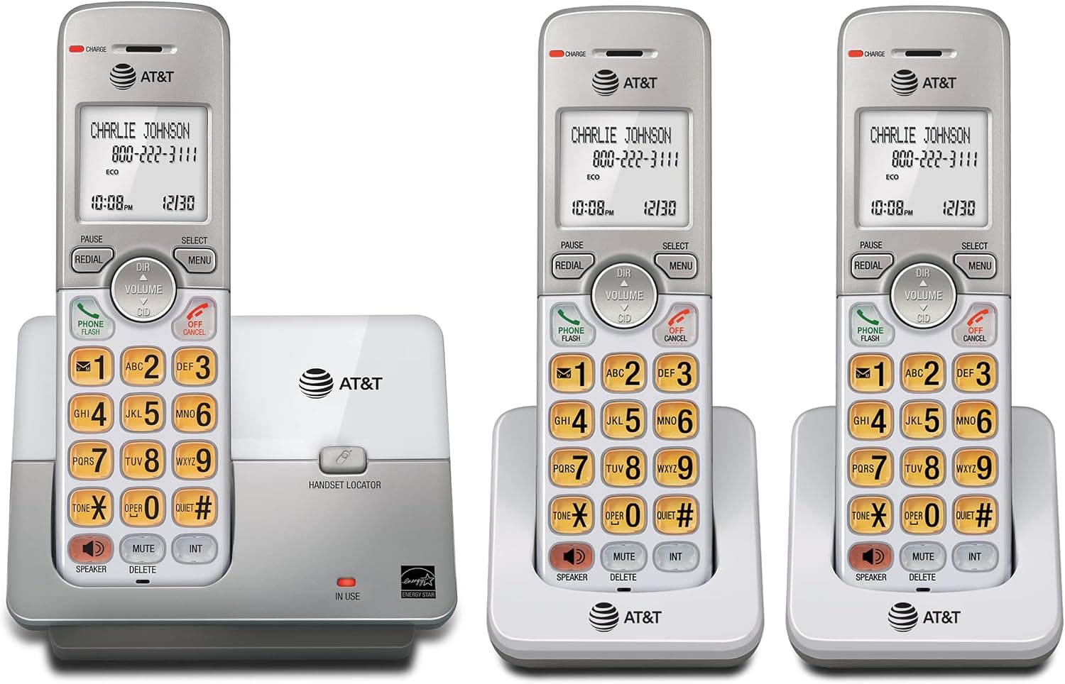 AT&T EL51303 3 teléfonos DECT 6.0 Teléfono residencial inalámbrico Teléfono con altavoz dúplex completo, pantalla retroiluminada, teclado iluminado, identificador de llamadas/llamada en espera, agenda telefónica, modo ecológico, tecla de correo de voz, modo silencioso, intercomunicador, plateado | Identificador de llamadas/llamada en espera, altavoz dúplex completo, pantalla retroiluminada y teclado iluminado, agenda telefónica e intercomunicador, modo ecológico