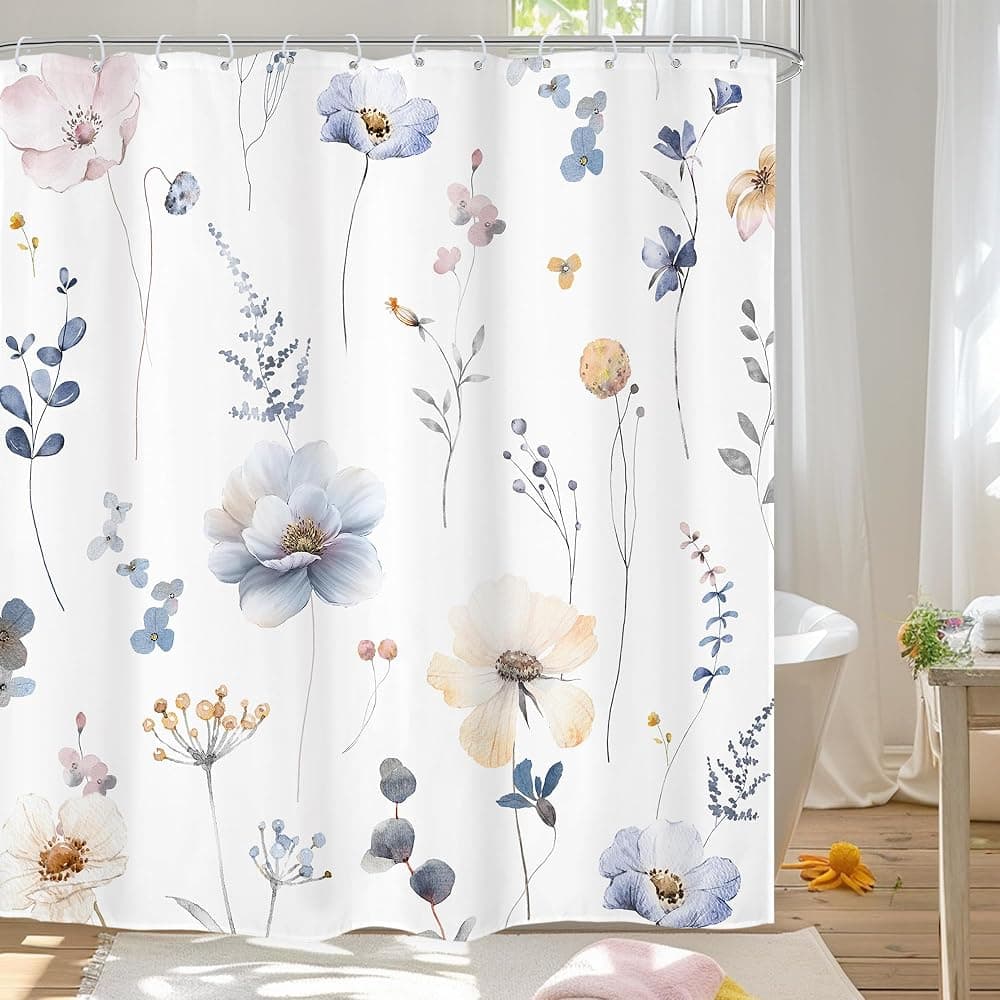 Juego de cortinas de ducha florales de acuarela, decoración de baño con flores azules y beige | 72x72 Primavera Moderno Minimalista Impermeable HD Impreso, Tela de Secado Rápido y 12 Ganchos de Plástico para una Fácil Instalación