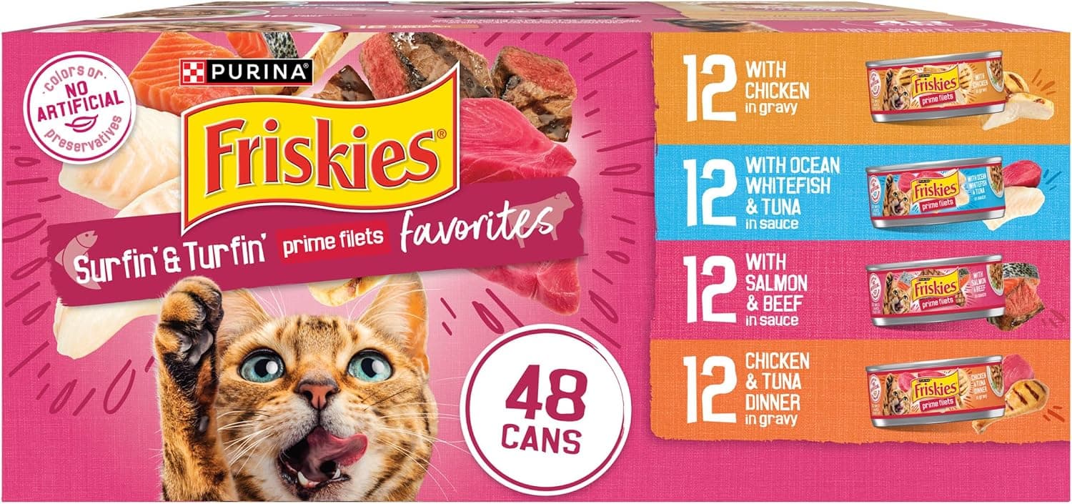 Purina Friskies Prime Filets Cat Food Variety Pack, 48 Ct Cans | Surfin' and Turfin' favorites in a savory gravy, made with real meat, poultry and seafood. 100% balanced nutrition