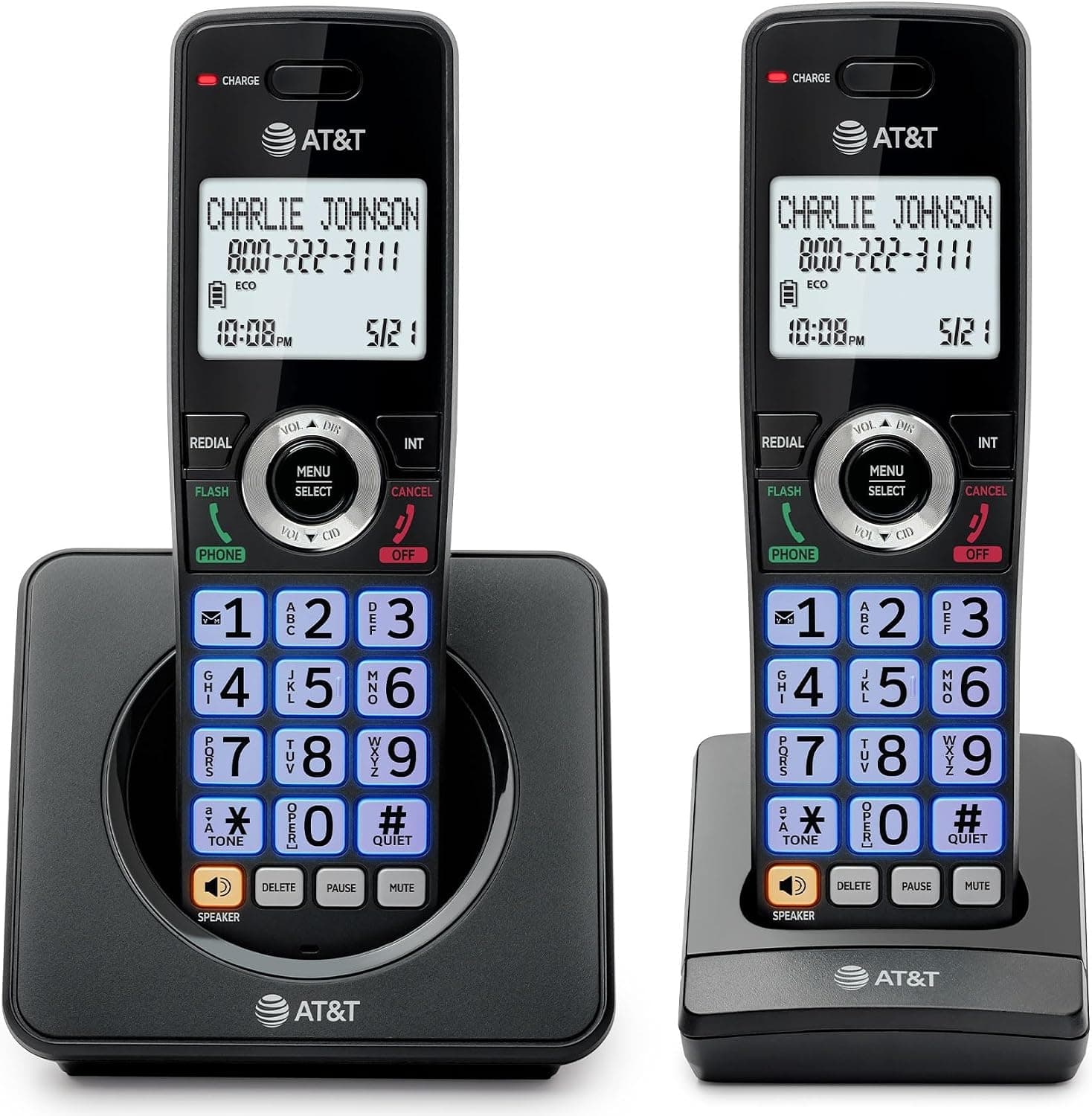 Teléfono residencial fijo de 2 teléfonos AT&T con bloqueador de llamadas, GL2101-21 | Identificador de llamadas/llamada en espera, altavoz con auricular dúplex completo, teclado y pantalla retroiluminados, batería recargable, DECT 6.0