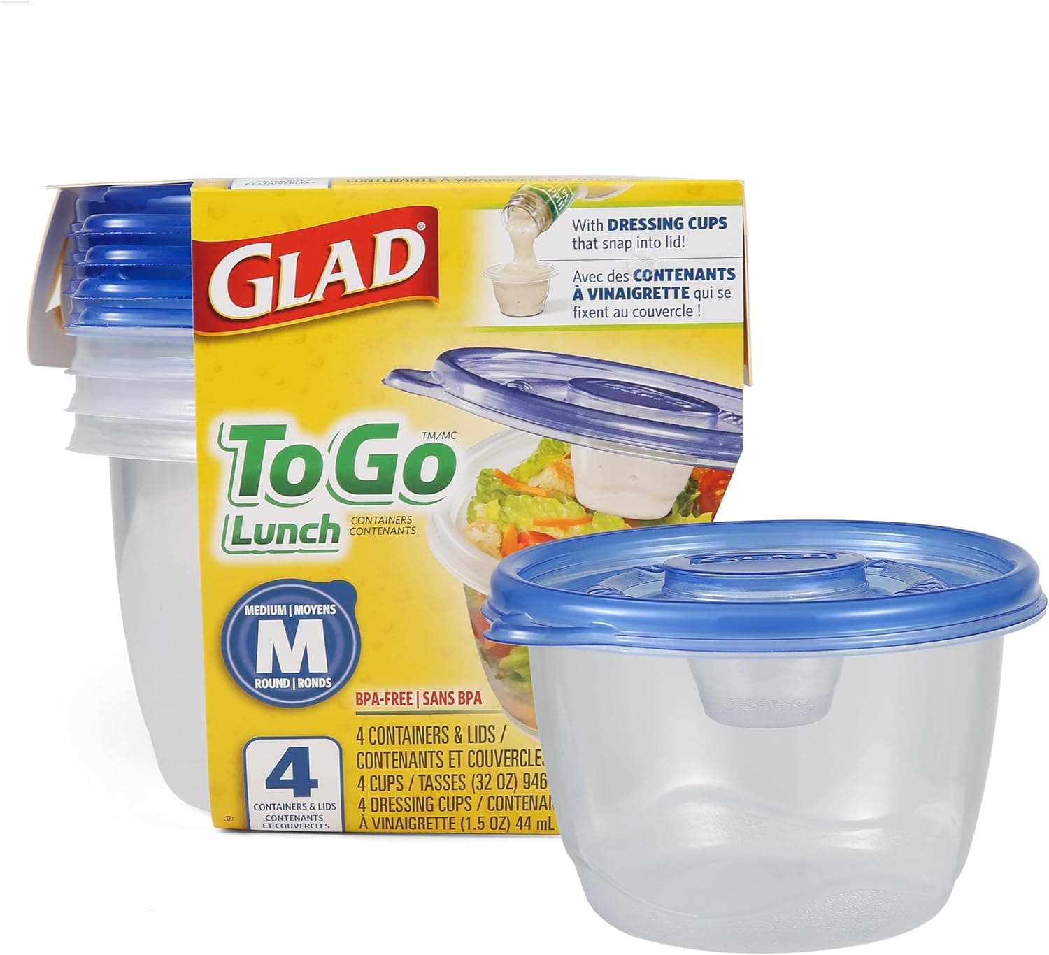 Glad GladWare To Go Lunch Containers with Dressing Cup, 32 Oz, 4 Count