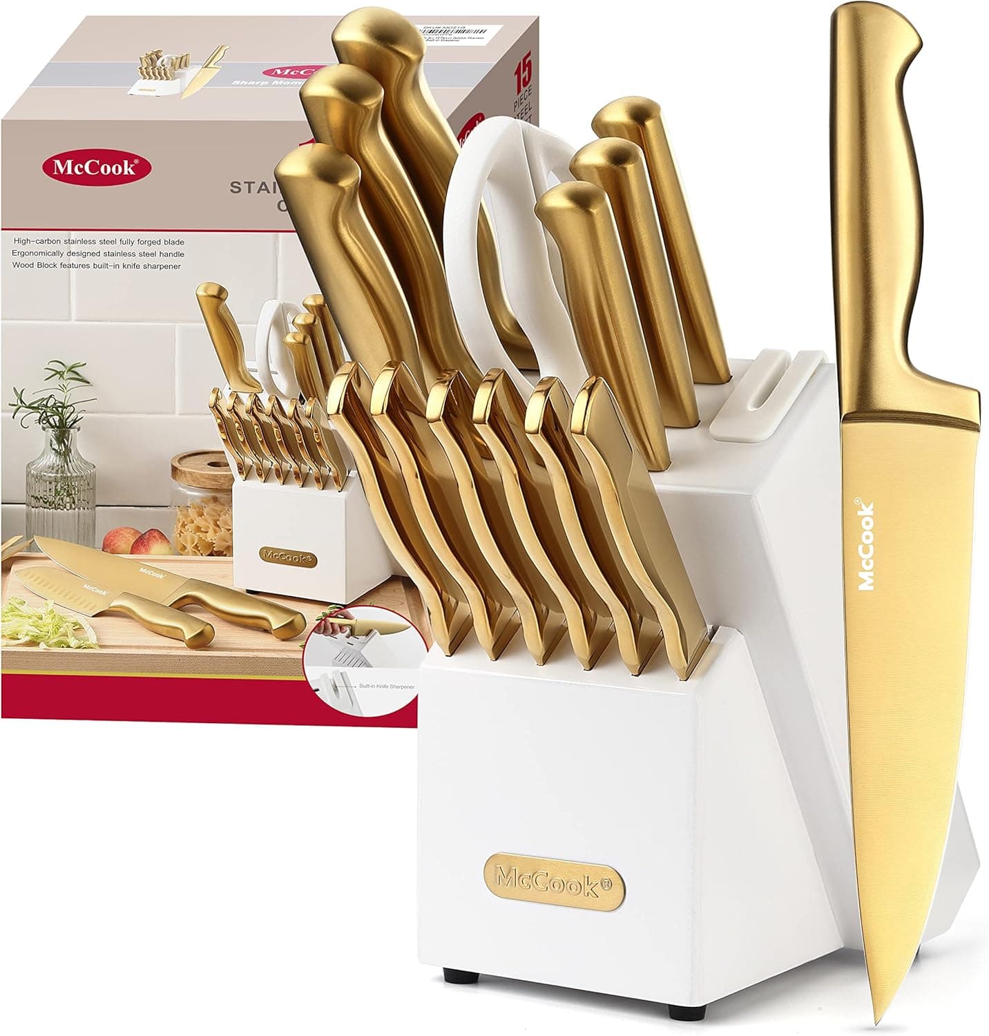 Juego de cuchillos McCook Juego de bloques de cuchillos de cocina dorados con afilador incorporado