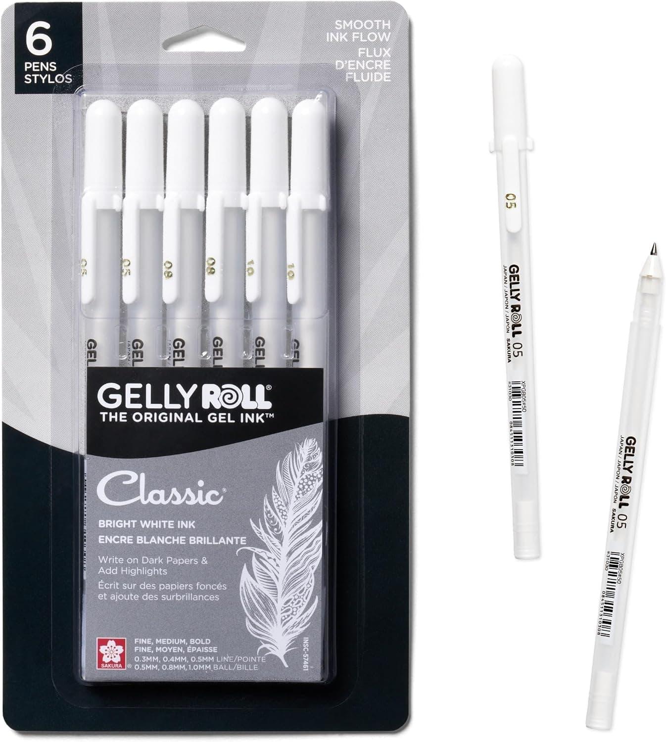 Bolígrafos de gel SAKURA Gelly Roll Classic, tinta blanca opaca, puntas Ass't 08/05/10, paquete de 6 57461 | Bolígrafos de tinta para diario, arte, caligrafía o dibujo, tinta blanca clásica, opaca, brillante, calidad japonesa