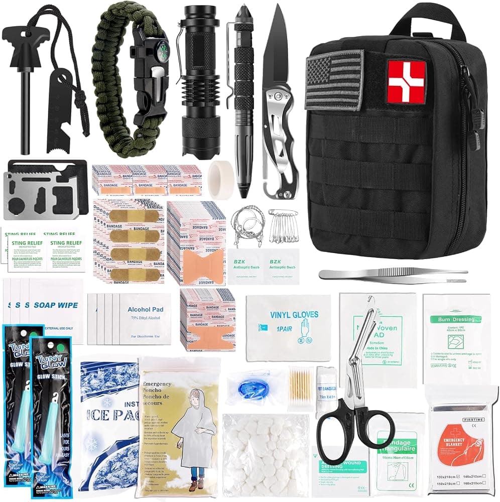 Kit de primeros auxilios de supervivencia, bolsa médica Molle 288 piezas equipo y equipo de supervivencia de emergencia al aire libre para senderismo, camping, caza, coche, barco, hogar, viajes y aventuras, regalo para él y hombre (negro)