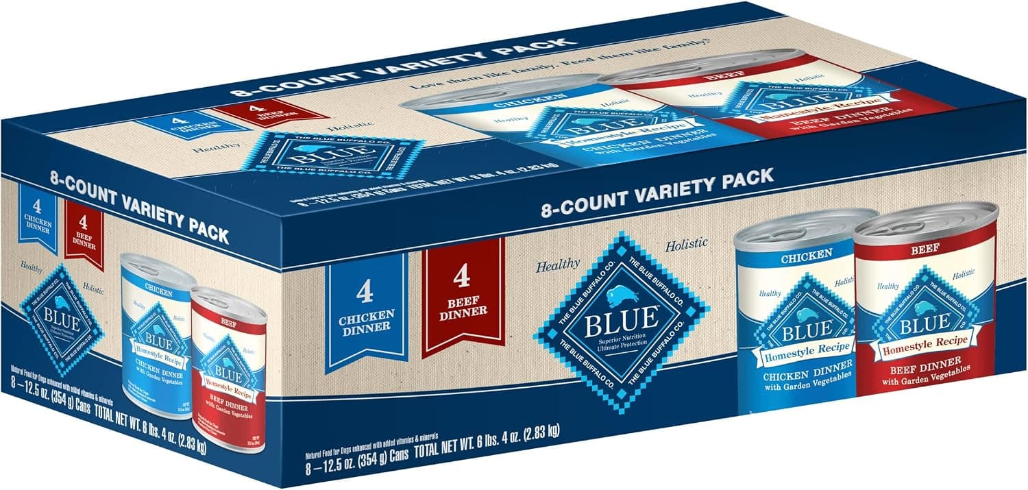 Paquete variado de recetas caseras de Blue Buffalo, alimento húmedo para perros, 12.5 oz, 8 unidades | Pollo y carne de res (4 de cada uno), sin subproductos de pollo, maíz, trigo ni soja