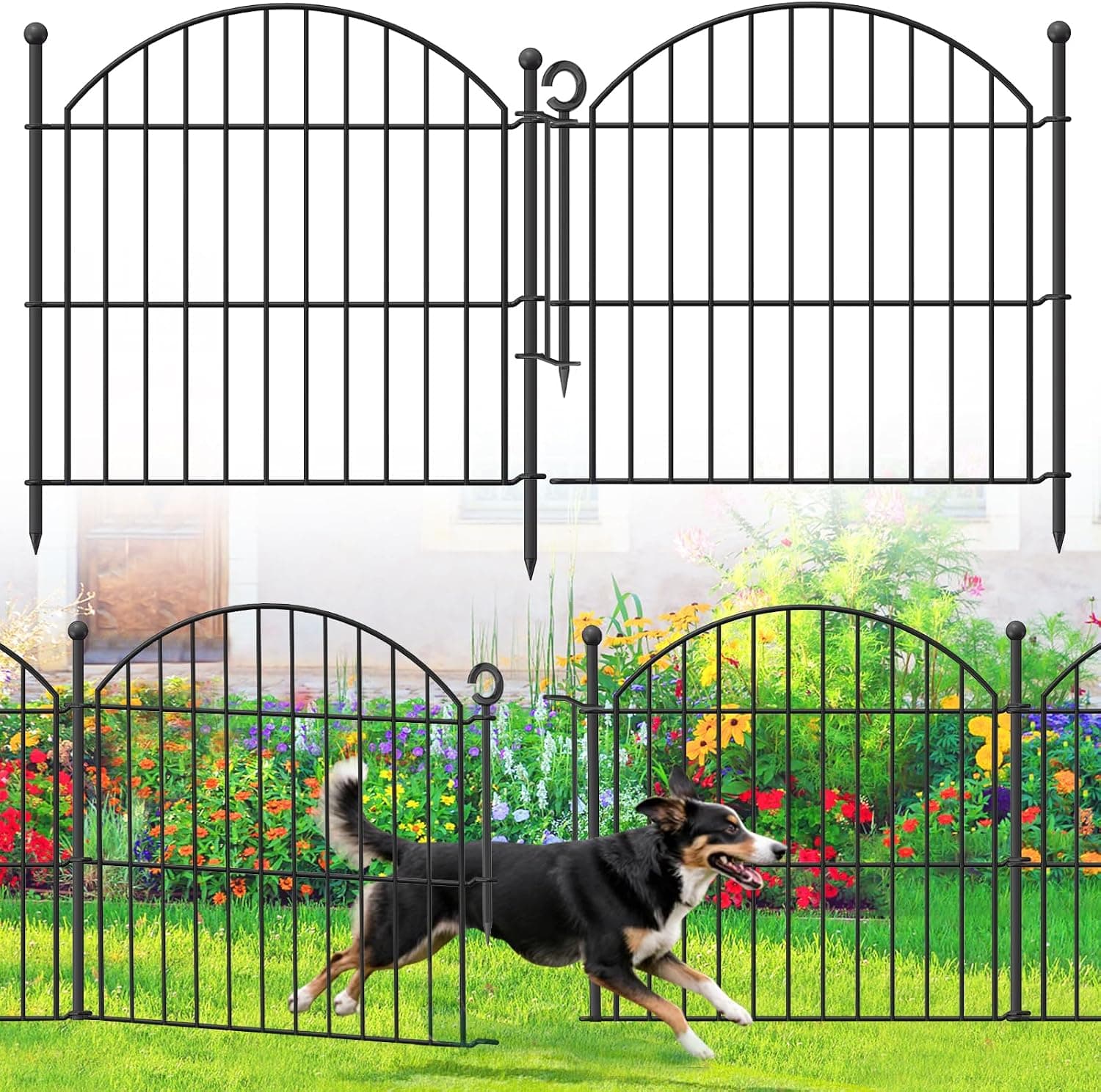 Valla decorativa para jardín, 24 pulgadas de alto x 10 pies de largo, cerca sin excavación con puerta | Barrera animal para perros de 5 paneles, valla arqueada de borde de alambre ornamental para macizos de flores