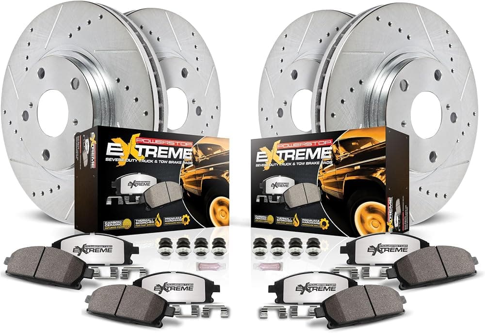 Kit de freno Power Stop para modelos Ford F-150 de 6 lengüetas 2012-2018 - Rotores de freno ranurados perforados delanteros y traseros para camioneta y remolque y reemplazo de pastillas de cerámica de fibra de carbono, K6268-36 | Ford F-150 2012-18 Pastillas de freno de cerámica de fibra de carbono + rotores perforados y ranurados