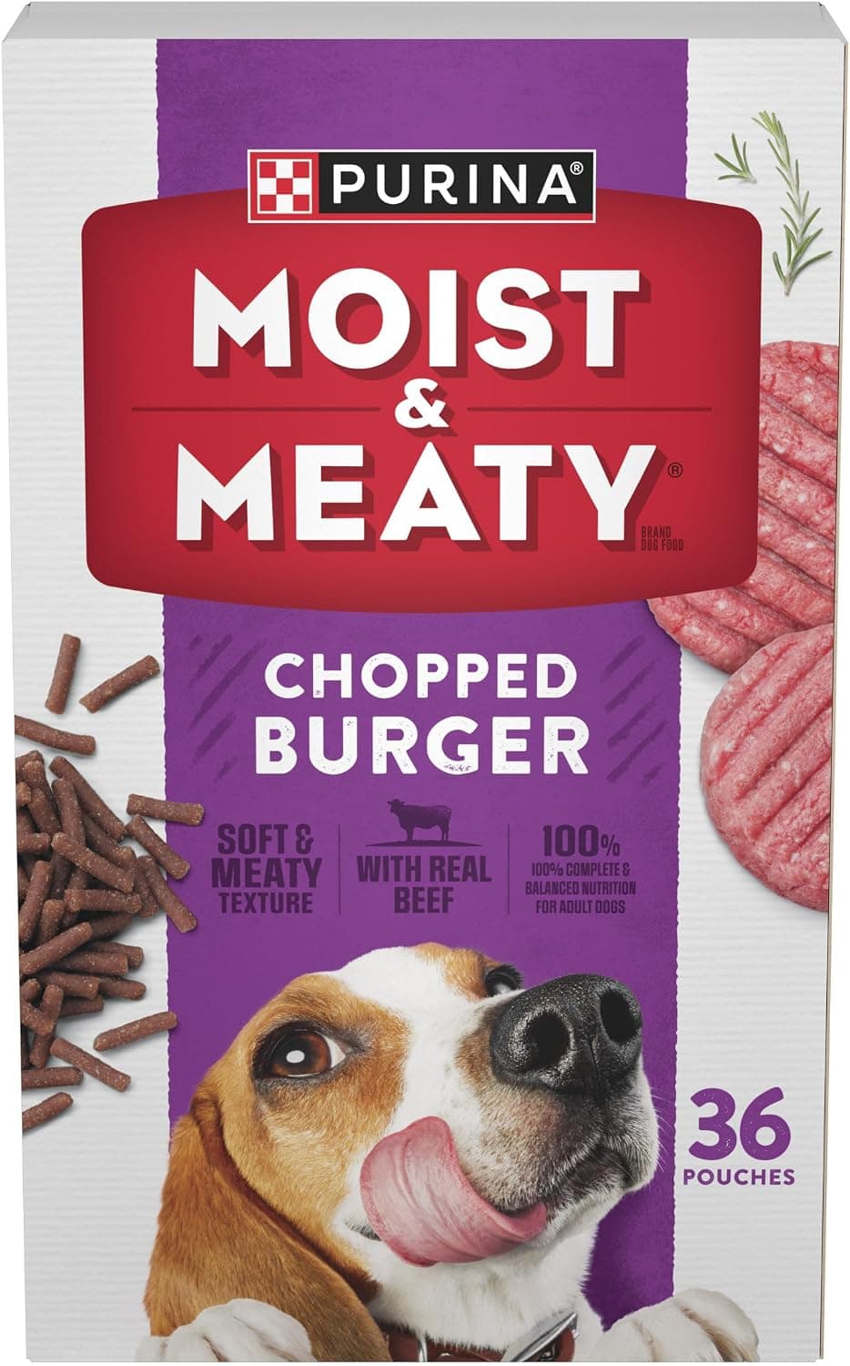 Purina Bolsas de comida blanda para perros húmeda y carnosa, 36 unidades | Alimento para perros adultos con sabor a hamburguesa picada, elaborado con carne de res auténtica, sobres individuales, comida sin ensuciar o golosina sabrosa