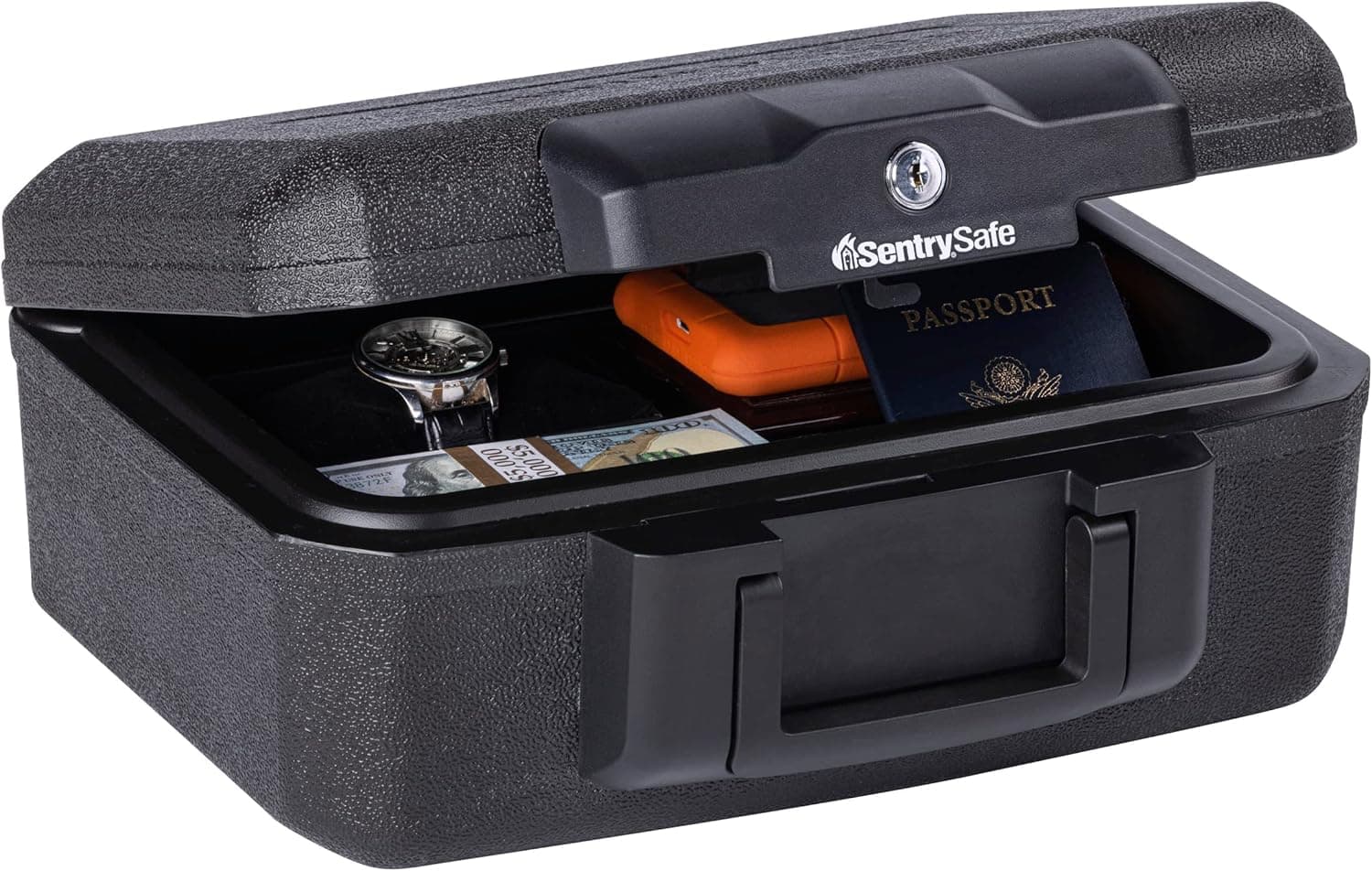 SentrySafe Caja fuerte ignífuga para dinero con cerradura de llave, caja de seguridad negra con asa de transporte portátil para viajes, exterior: 14,3 pulgadas de ancho x 11,2 pulgadas de profundidad x 6,1 pulgadas de alto, 1200 | Caja fuerte resistente al fuego con cerradura de llave segura, asa de transporte portátil para viajes, protege dinero, documentos y objetos de valor