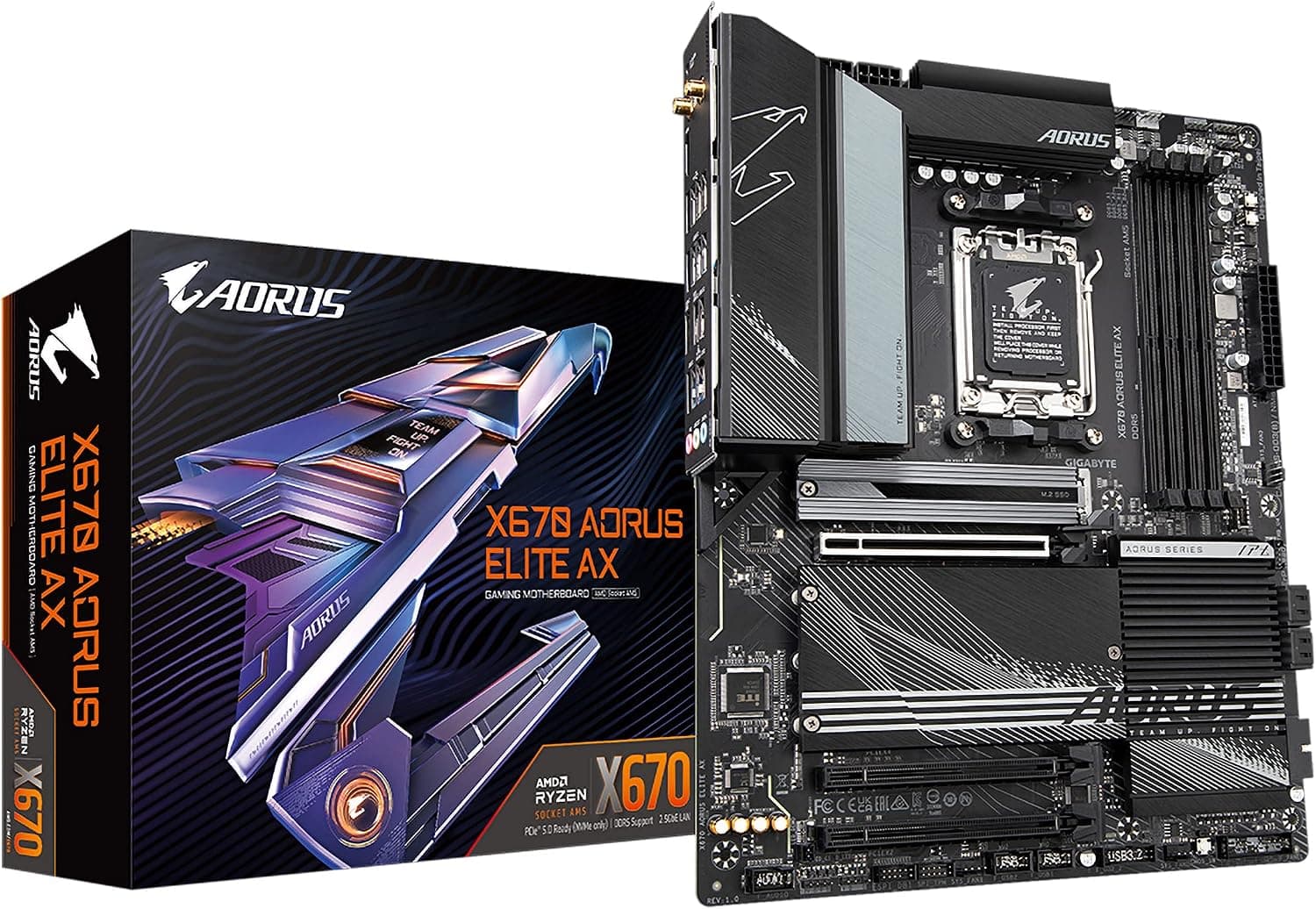 Placa base GIGABYTE X670 AORUS Elite AX AMD AM5 ATX, compatible con Ryzen 9000/8000/7000 Series, DDR5, 8+8 Power Phase, 4X M.2, PCIe 5.0, USB-C 3.2 Gen2x2, WIFI6E, 2.5GbE, EZ-Latch, Q-Flash, Smart Fan 6