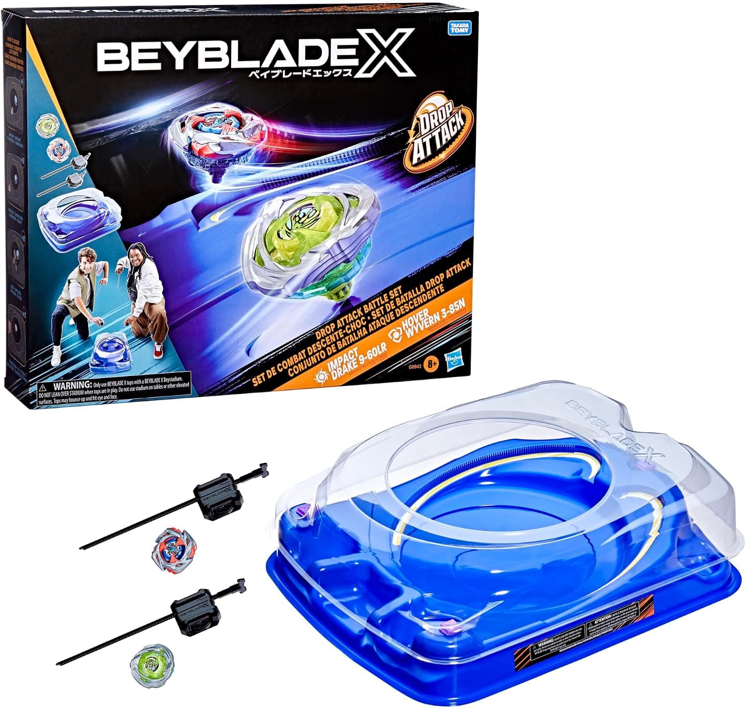 Beyblade X Drop Attack Battle Set con Beystadium Arena, 2 tops y lanzadores Takara Tomy, Impact Drake 9-60LR y Hover Wyvern 3-85N, juguetes de juego de batalla, a partir de 8 años