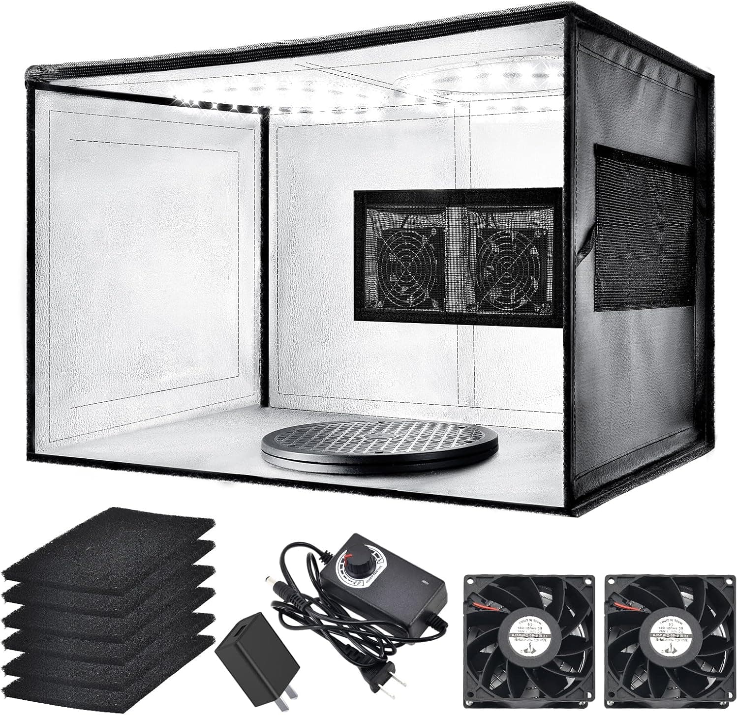 Cabina de pulverización de aerógrafo con ventiladores de escape dobles, cabina de pintura de aerógrafo portátil para aerografía, 2 luces LED redondas con cobertura de 360°, plato giratorio y manguera de extensión, kit de cabina de pulverización Hobby para pintar modelo