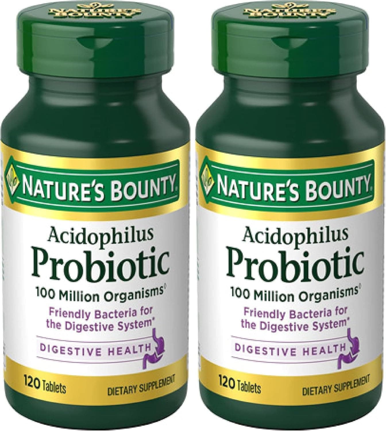Suplemento probiótico Nature's Bounty Lactobacillus Acidophilus - Probiótico diario para mujeres/hombres salud digestiva, 100 millones de organismos, vegetariano, 1 porción por día, 120 tabletas, (paquete de 2)