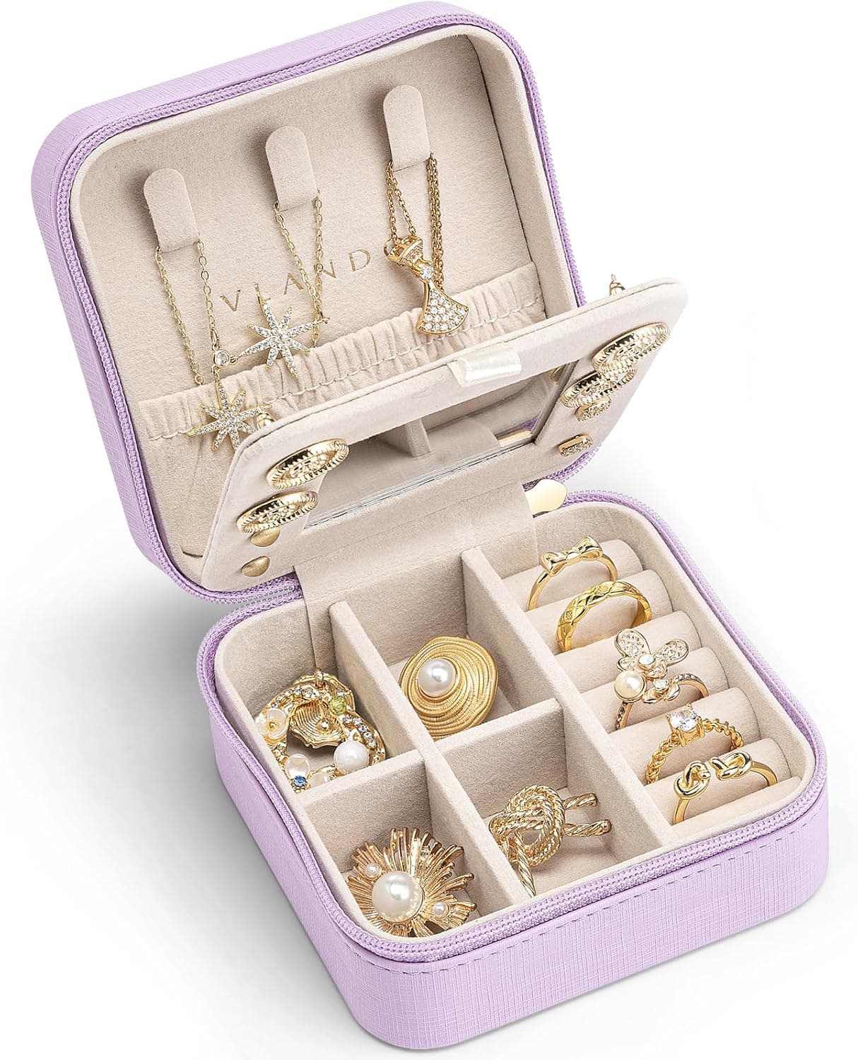 VLANDO Joyero de viaje con espejo, almacenamiento 3 pares de aretes | Gancho para collar antienredos, divisores extraíbles, cuero PU impermeable, almacenamiento portátil para anillos, regalos de collar para mujeres