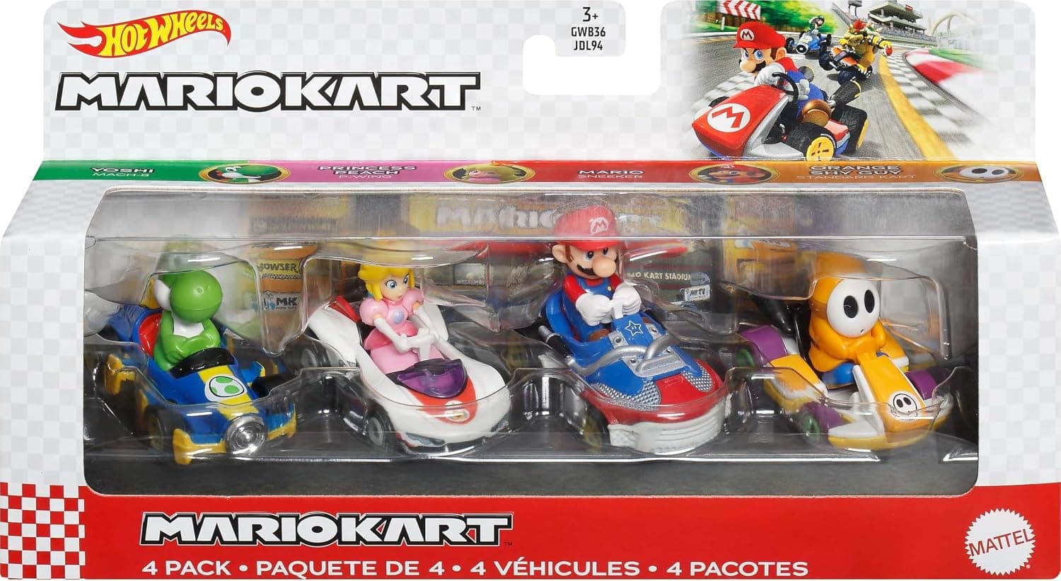 Hot Wheels Mario Kart Juego de 4 vehículos de juguete fundidos (los estilos pueden variar)