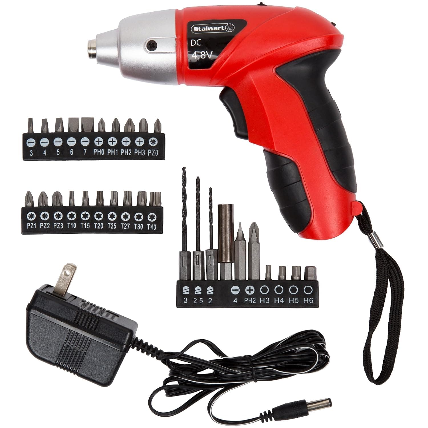 Juego de destornilladores eléctricos de 25 piezas: taladro inalámbrico con luz de trabajo LED, bloqueo automático del husillo y puntas de destornillador de Stalwart (rojo)
