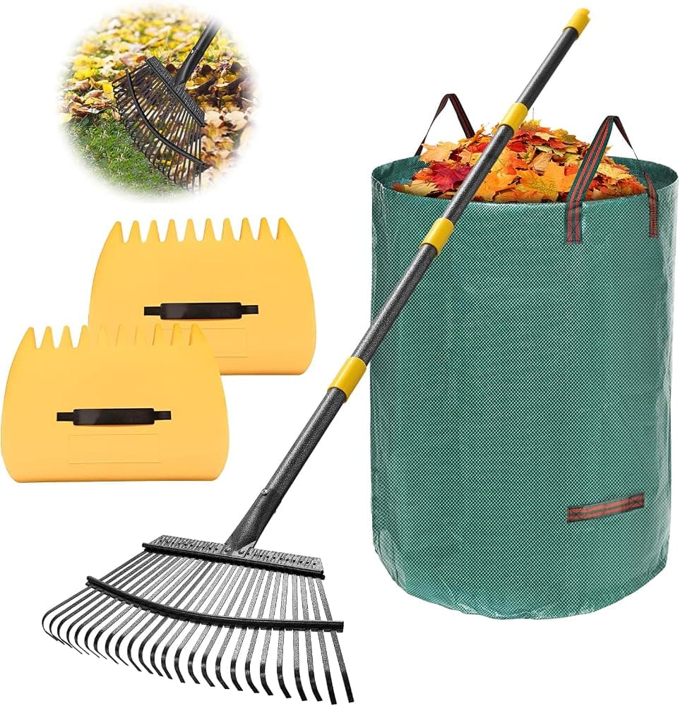 Rastrillo para hojas: rastrillo de hojas de metal grande de 18" de ancho, mango de 65" de largo, 25 púas, juego de rastrillos de grado resistente para césped, agujas de pino, mantillo, paja, juego de limpieza de desechos con bolsas de hojas de 32 galones y cucharas