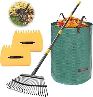 Rastrillo para hojas: rastrillo de hojas de metal grande de 18" de ancho, mango de 65" de largo, 25 púas, juego de rastrillos de grado resistente para césped, agujas de pino, mantillo, paja, juego de limpieza de desechos con bolsas de hojas de 32 galones y cucharas