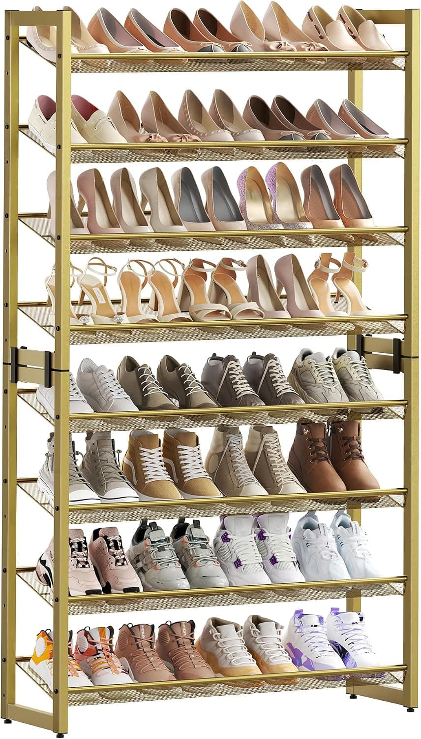 SONGMICS Zapatero de Metal, Organizador de Zapatos de 8 Niveles, Capacidad para 32-40 Pares | Juego de 2 estantes apilables para zapatos para garaje, estantes ajustables planos o en ángulo, dorado pálido, colección DARREN ULMR008A02