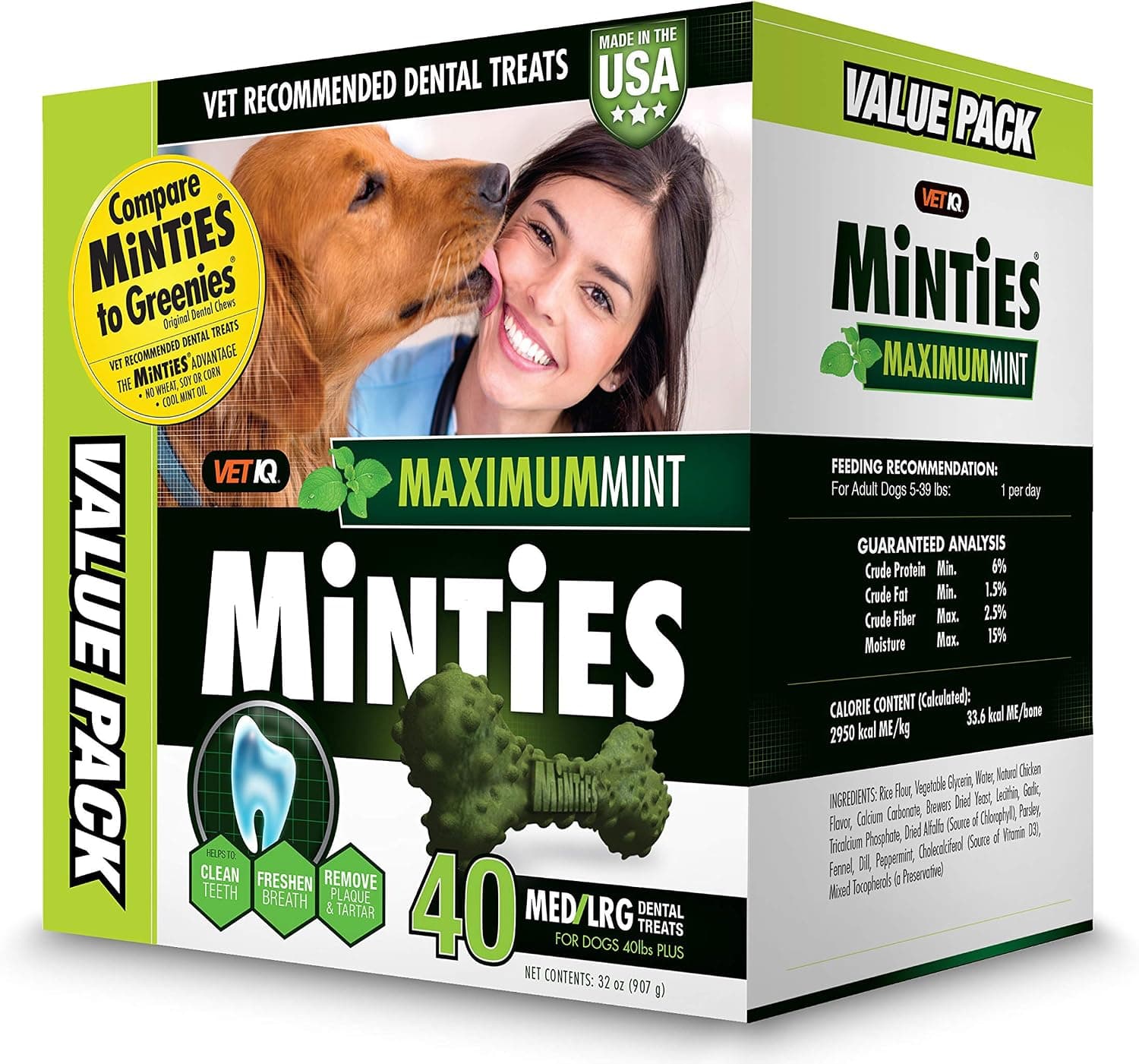 VetIQ Minties Dog Dental Bone Treats, Dental Chews for Dogs, (Perfect for Medium / Large Dogs over 40 lbs)